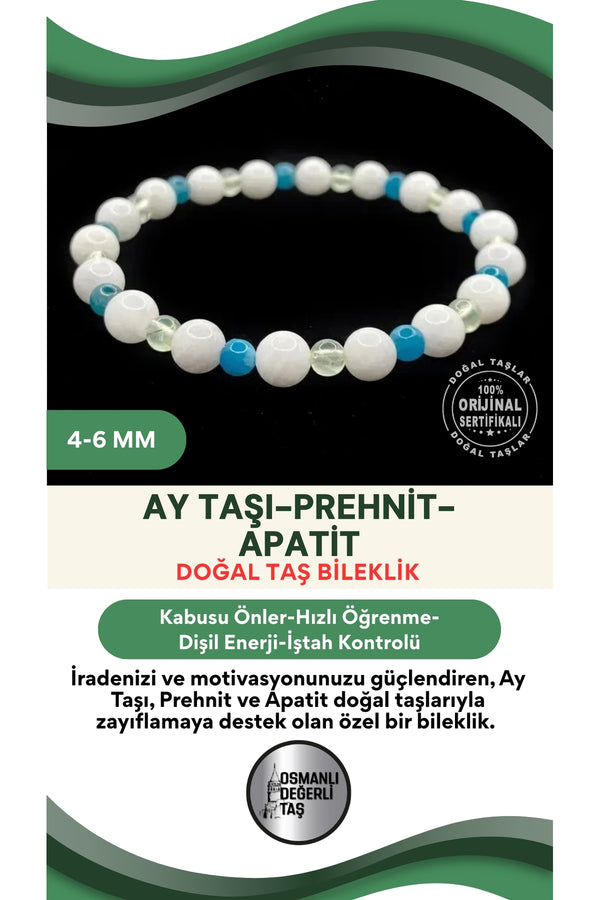 Zayıflama Açlık Bastırma Bilekliği - Ay Taşı - Prehnit - Apatit 4mm-6mm  Orijinal Doğal Taş Bileklik
