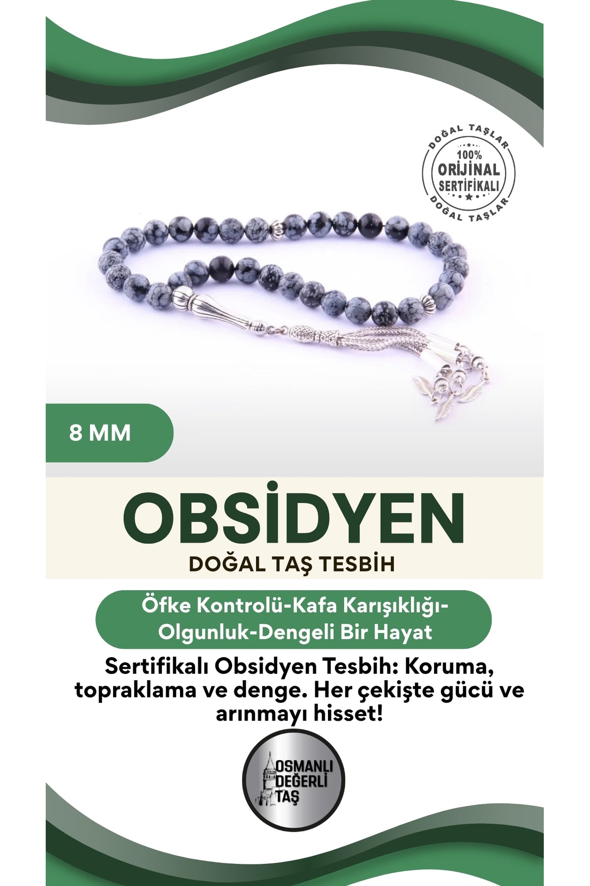 Sertifikalı Obsidyen Doğal Taş Tesbih T181
