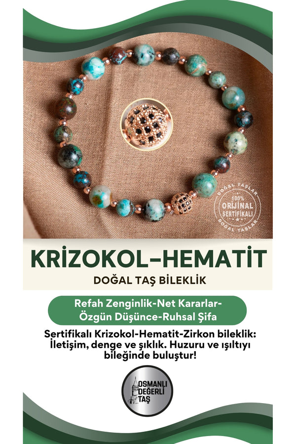 SERTİFİKALI Krizokol hematit Zirkon Aparat Doğal Taş Bileklik