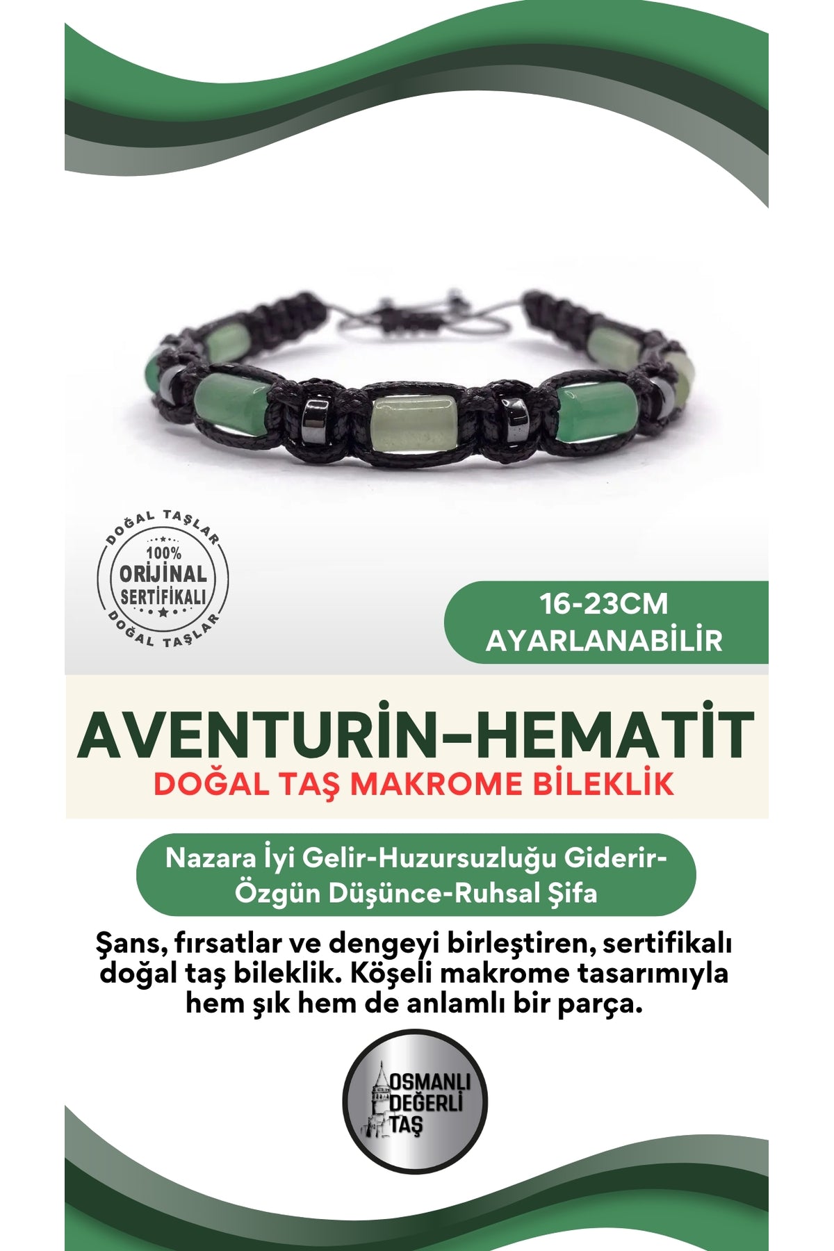 Sertifikalı Hakiki Orijinal Aventurin - Hematit  Doğal Taş İpli Bileklik (Köşeli Makrome Model)