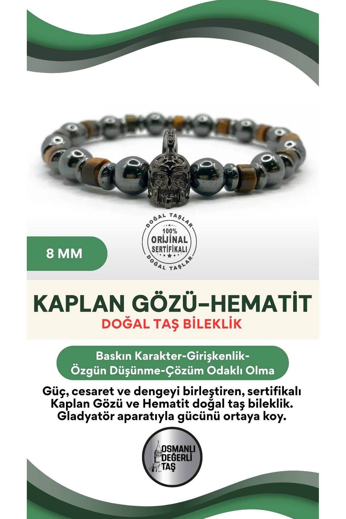Sertifikalı Hakiki Orijinal Kaplan Gözü - Hematit 8mm Gladyatör Aparatlı Misinalı Doğal Taş Bileklik