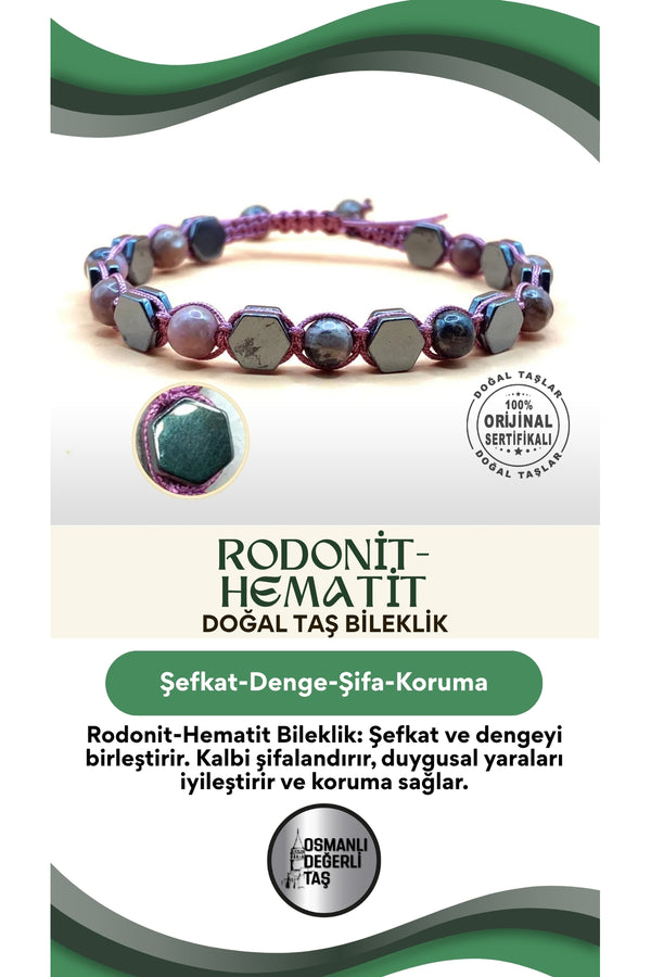 Rodonit-Hematit Doğal Taş Bileklik Taş Üzeri İpli Model