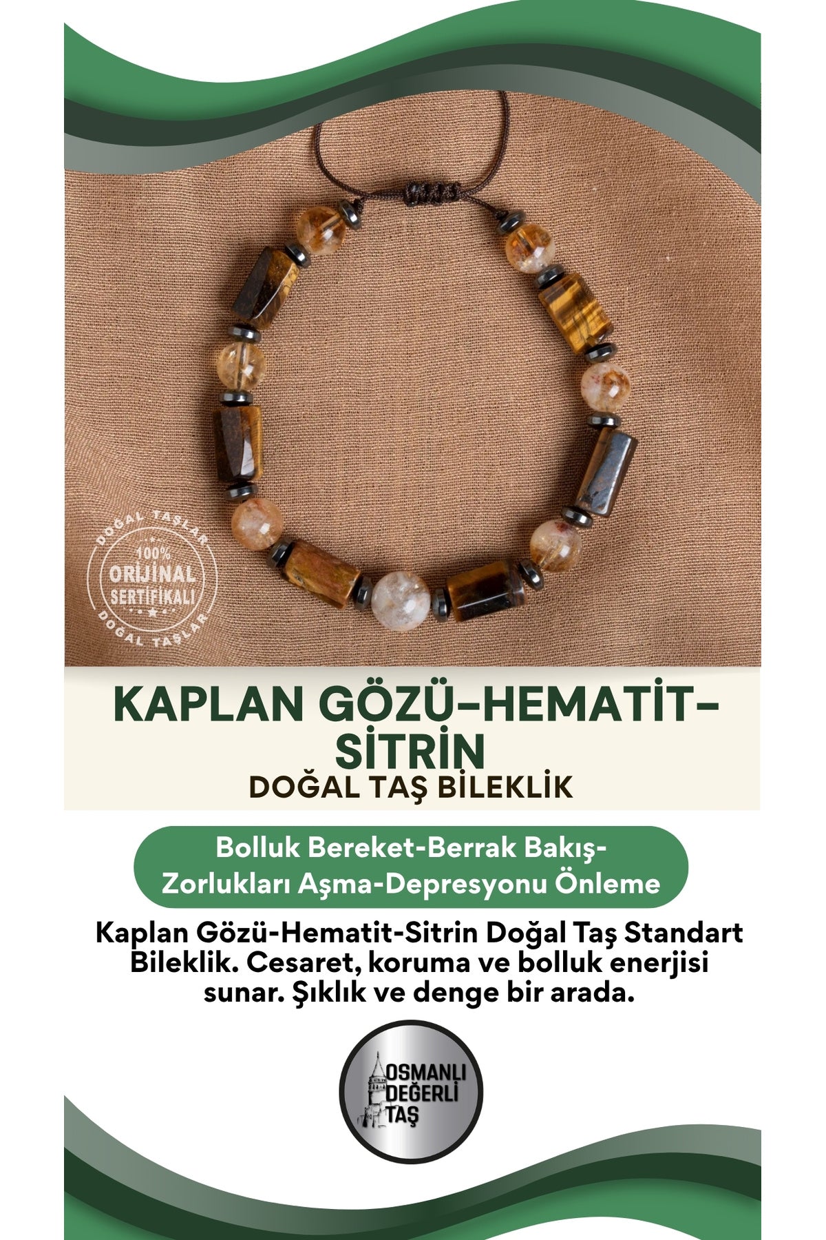 SERTİFİKALI kaplan gözü - hematit - sitrin Doğal Taş Makrome Ayarlanabilir Standart Bileklik