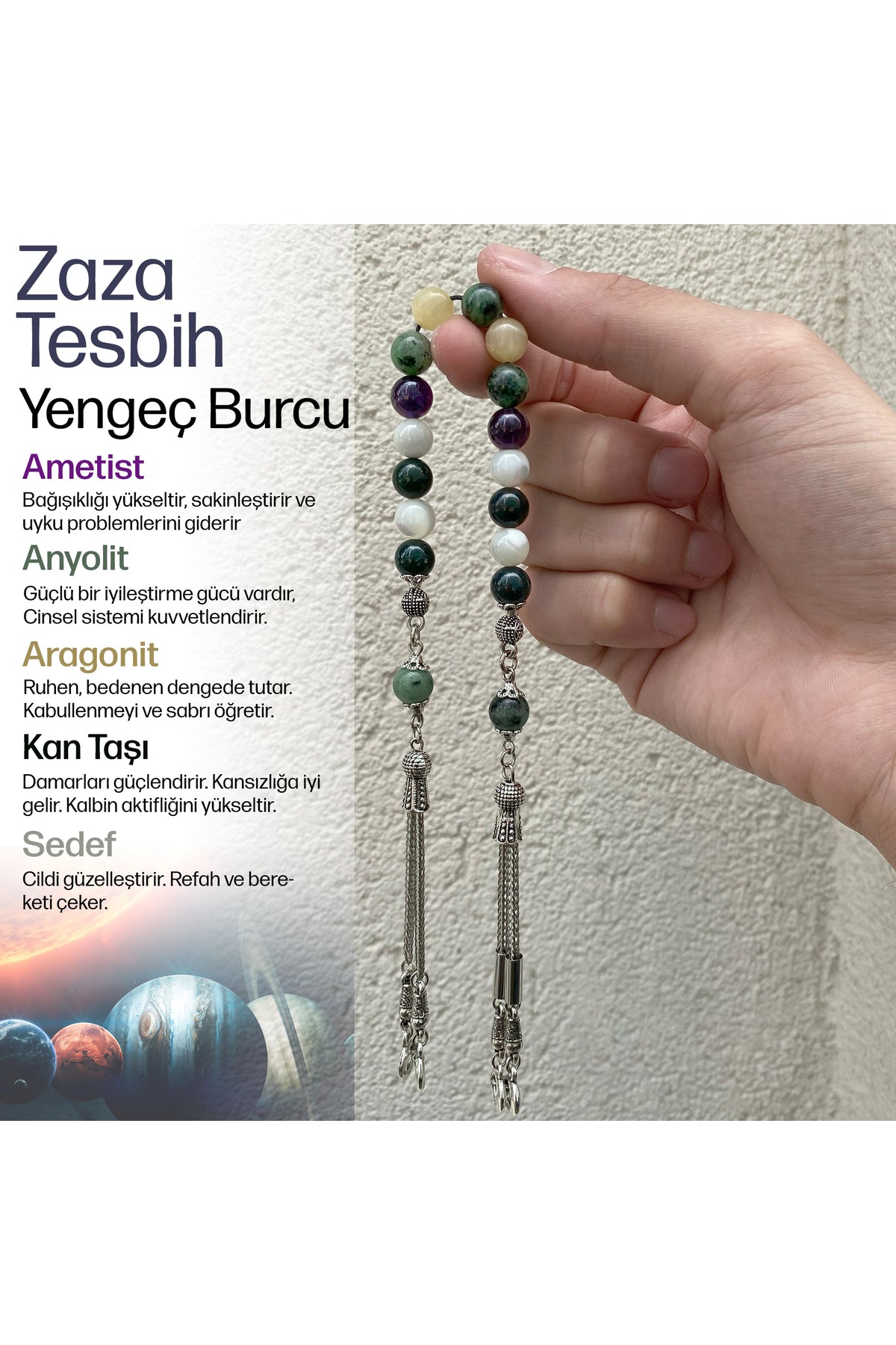 Yengeç Burcu Zaza Tesbih Doğal Taş Ametist, Anyolit, Aragonit, Kan Taşı, Sedef