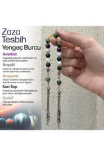 Yengeç Burcu Zaza Tesbih Doğal Taş Ametist, Anyolit, Aragonit, Kan Taşı, Sedef
