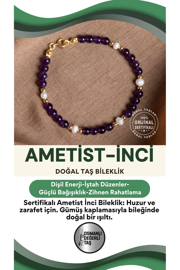SERTİFİKALI Ametist İnci Doğal Taş Gümüş Kaplama Bileklik