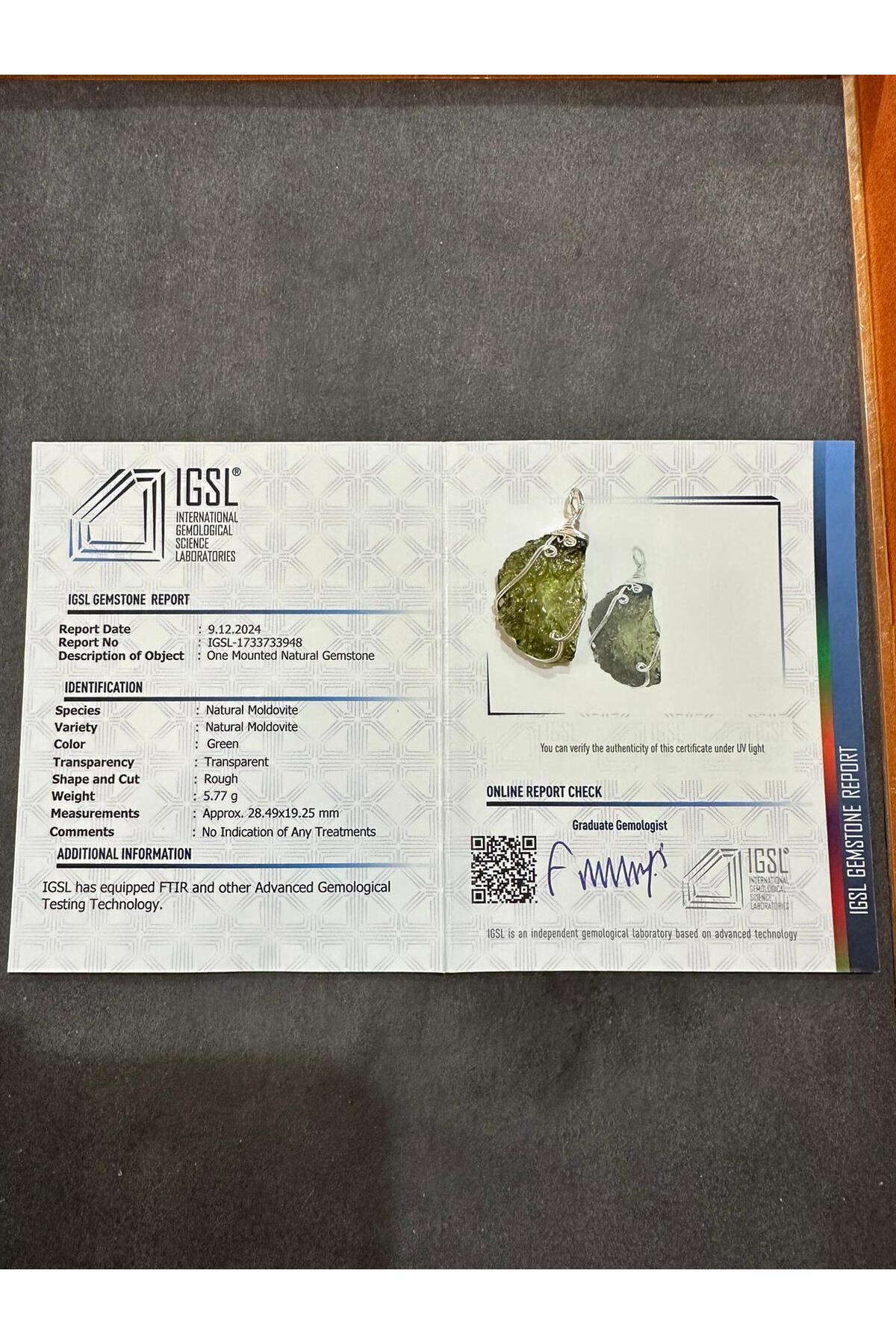 Uluslar Arası Sertifikalı Moldavit Gümüş Sarmallı Kolye Ucu