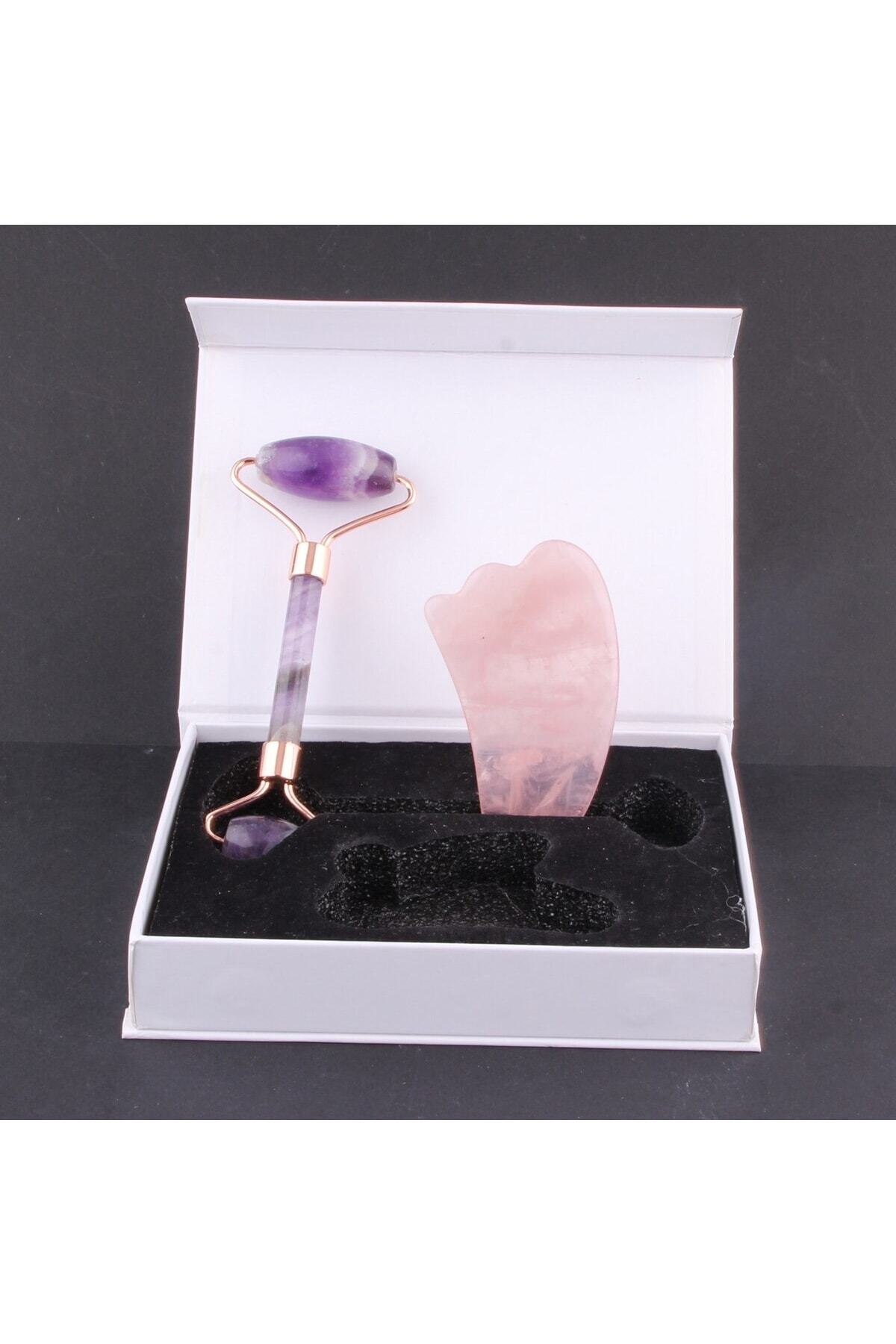 Ametist Doğal Taşı Roller ve Pembe Kuvars Doğal Taşı Kaz Ayağı Gua Sha Masaj Takımı Ma069