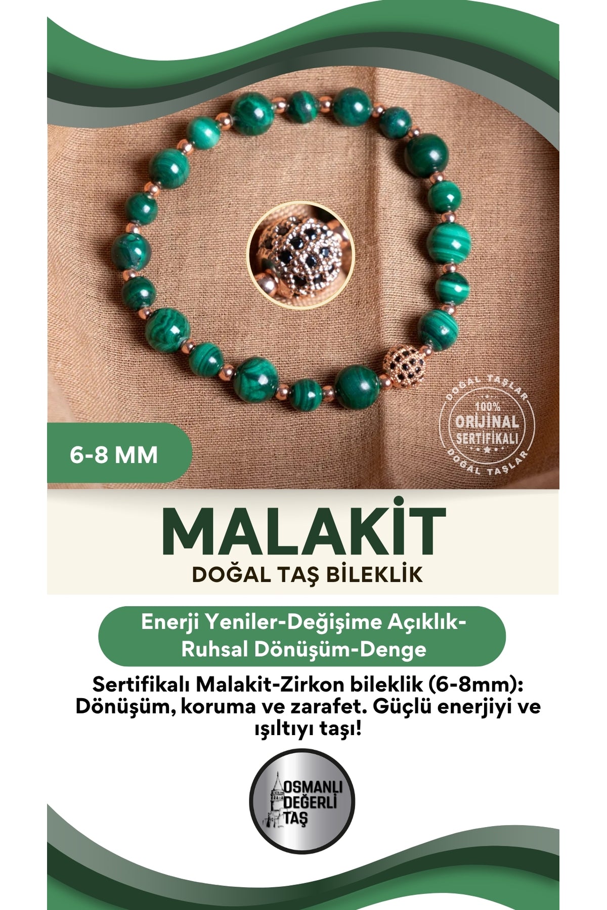SERTİFİKALI Malahite Doğal Taş Zirkon Aparat Bileklik 6-8 mm