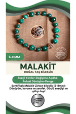 SERTİFİKALI Malahite Doğal Taş Zirkon Aparat Bileklik 6-8 mm