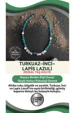 Afrika Asaleti, Hakiki Turkuaz, Inci Ve Lapis Lazuli Doğal Taşlı Gümüş Kapama Tasarım Kolye