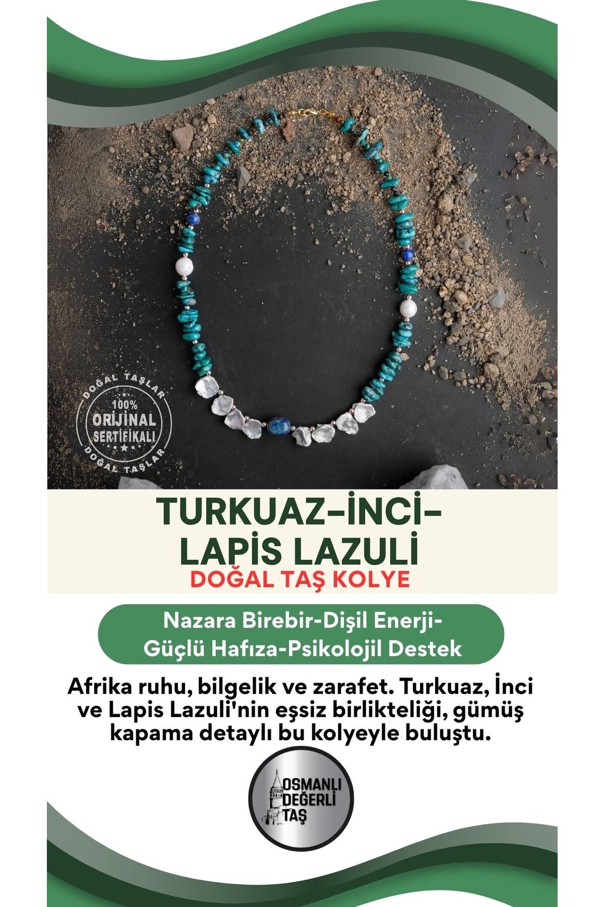 Afrika Asaleti, Hakiki Turkuaz, Inci Ve Lapis Lazuli Doğal Taşlı Gümüş Kapama Tasarım Kolye
