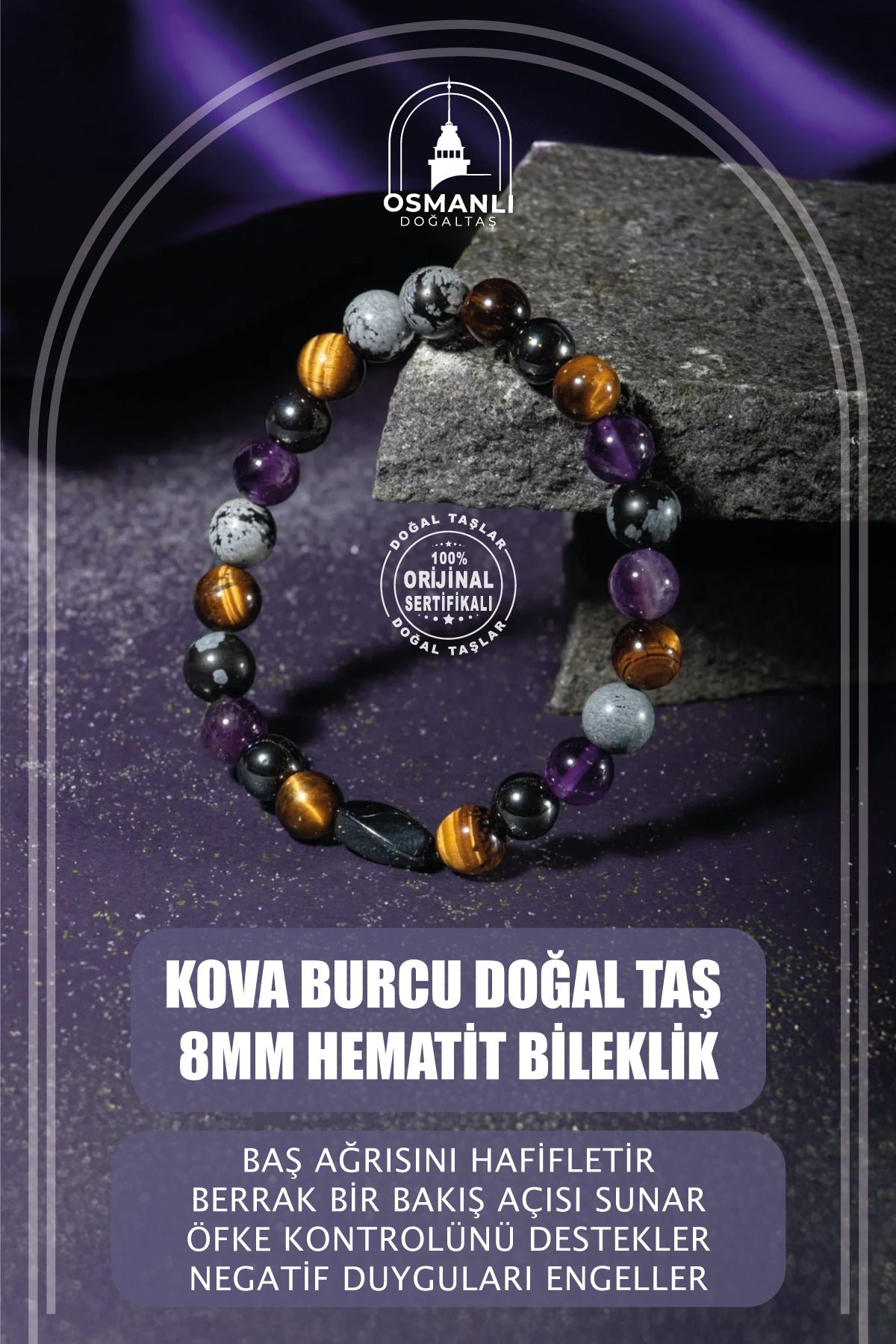 Kova Burcu Doğal Taş 8mm Hematit Bileklik