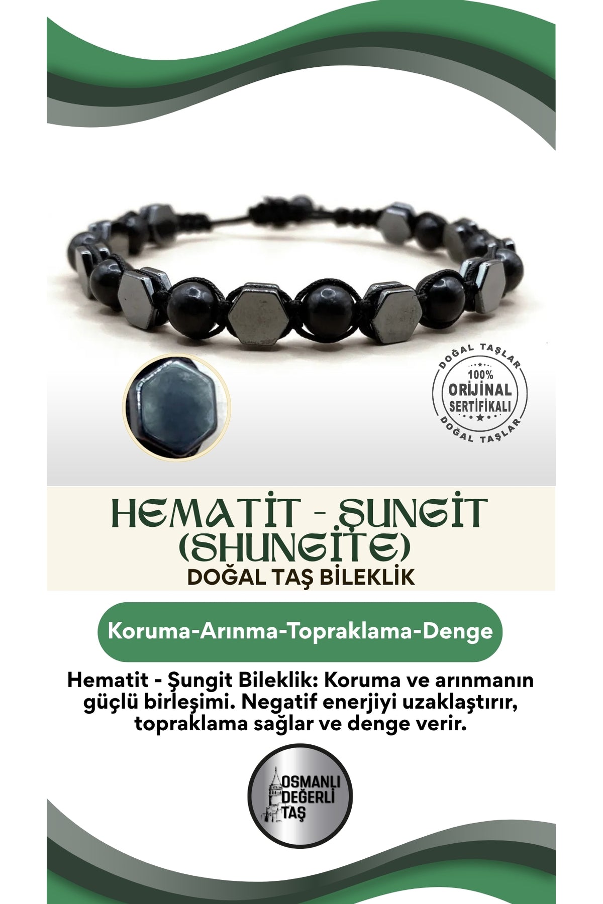 Hematit - Şungit (SHUNGİTE) Doğal Taş Bileklik Taş Üzeri Ipli Model