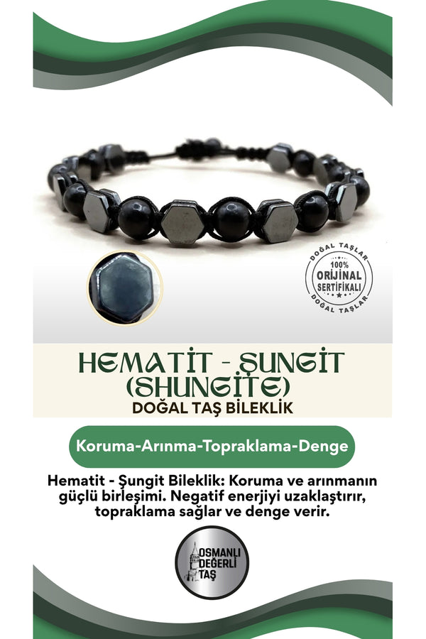 Hematit - Şungit (SHUNGİTE) Doğal Taş Bileklik Taş Üzeri Ipli Model
