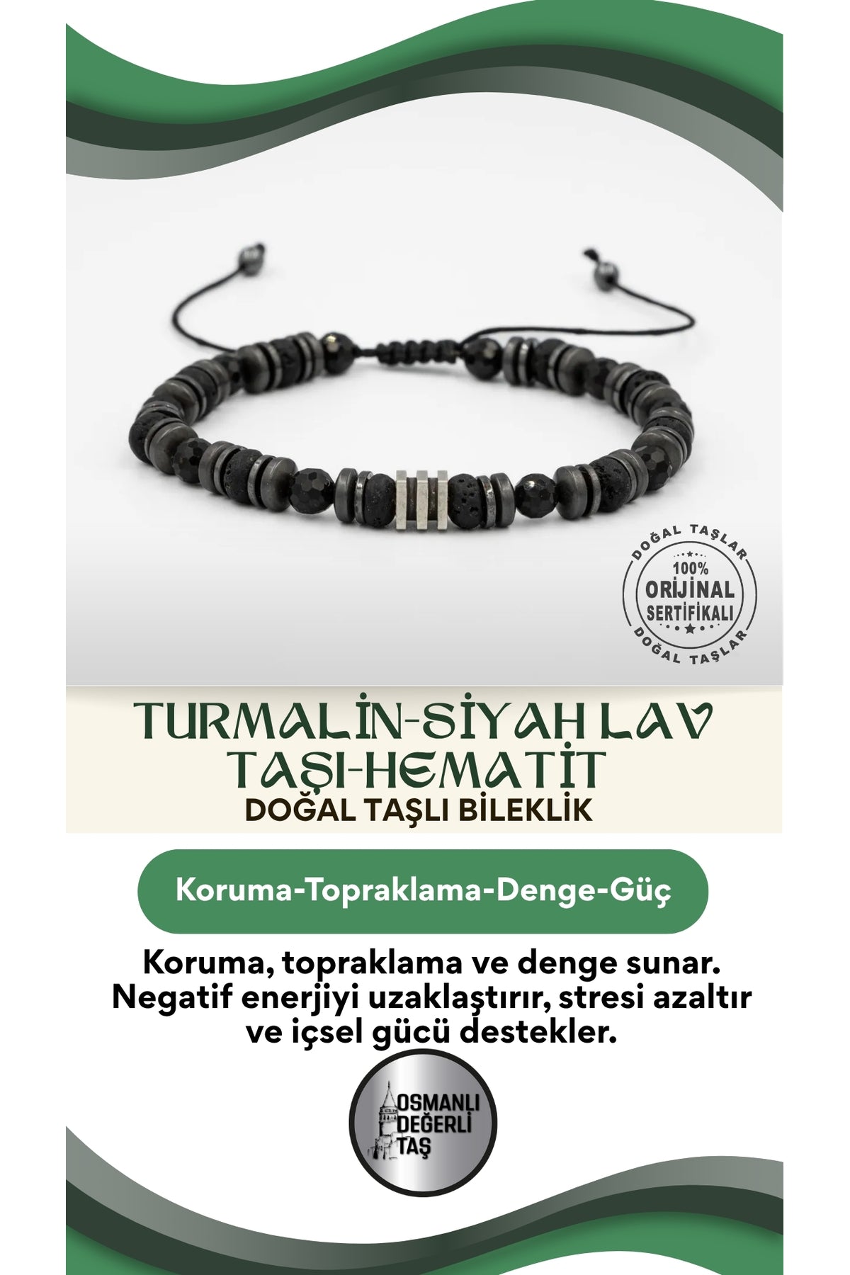 Turmalin-siyah Lav Taşı-hematit Doğal Taş Erkek Makrome Bileklik