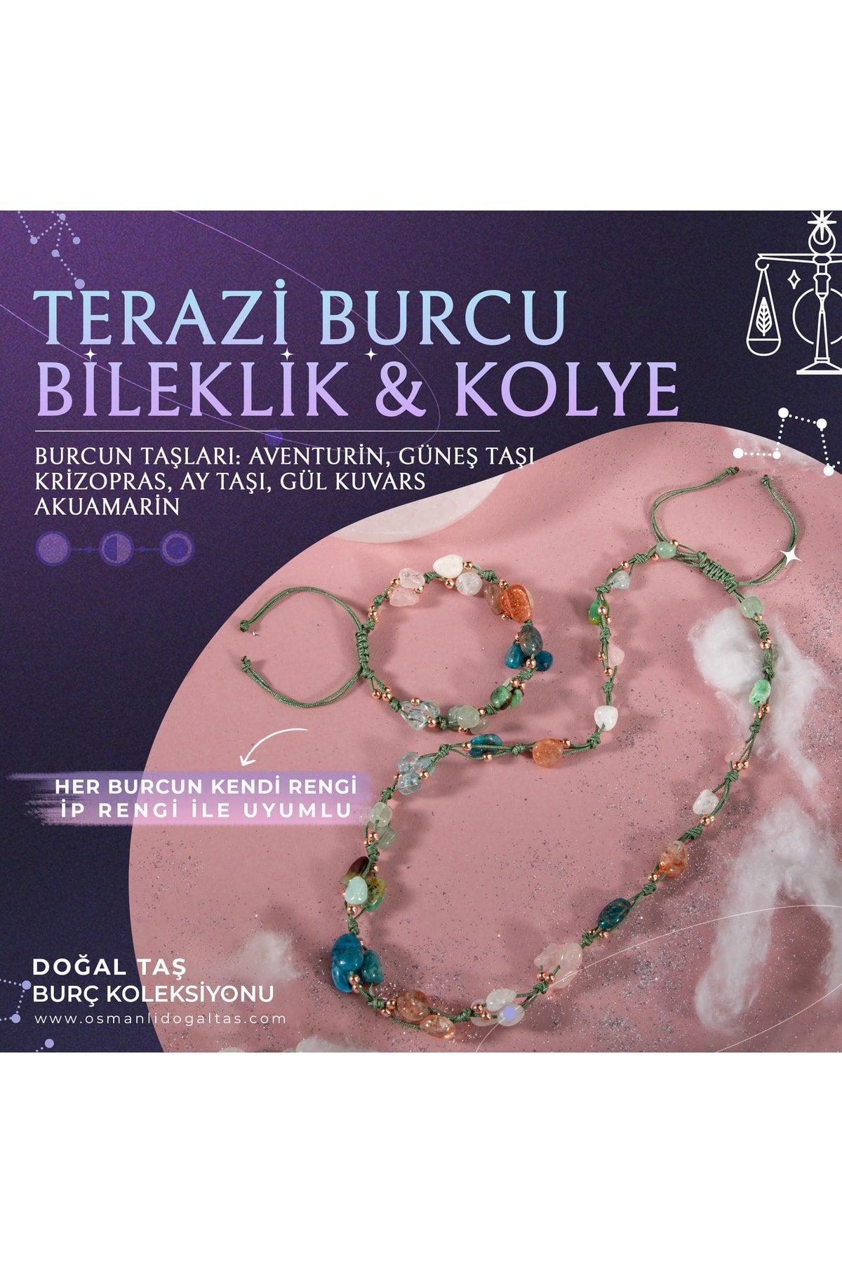 Terazi Burcu Doğal Taş Natürel Makrome Kolye Bileklik Seti