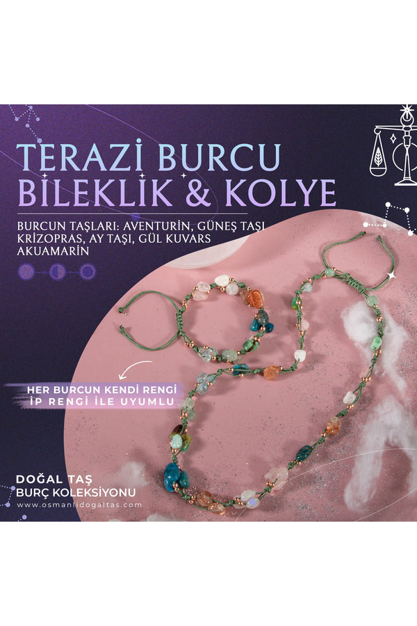 Terazi Burcu Doğal Taş Natürel Makrome Kolye Bileklik Seti