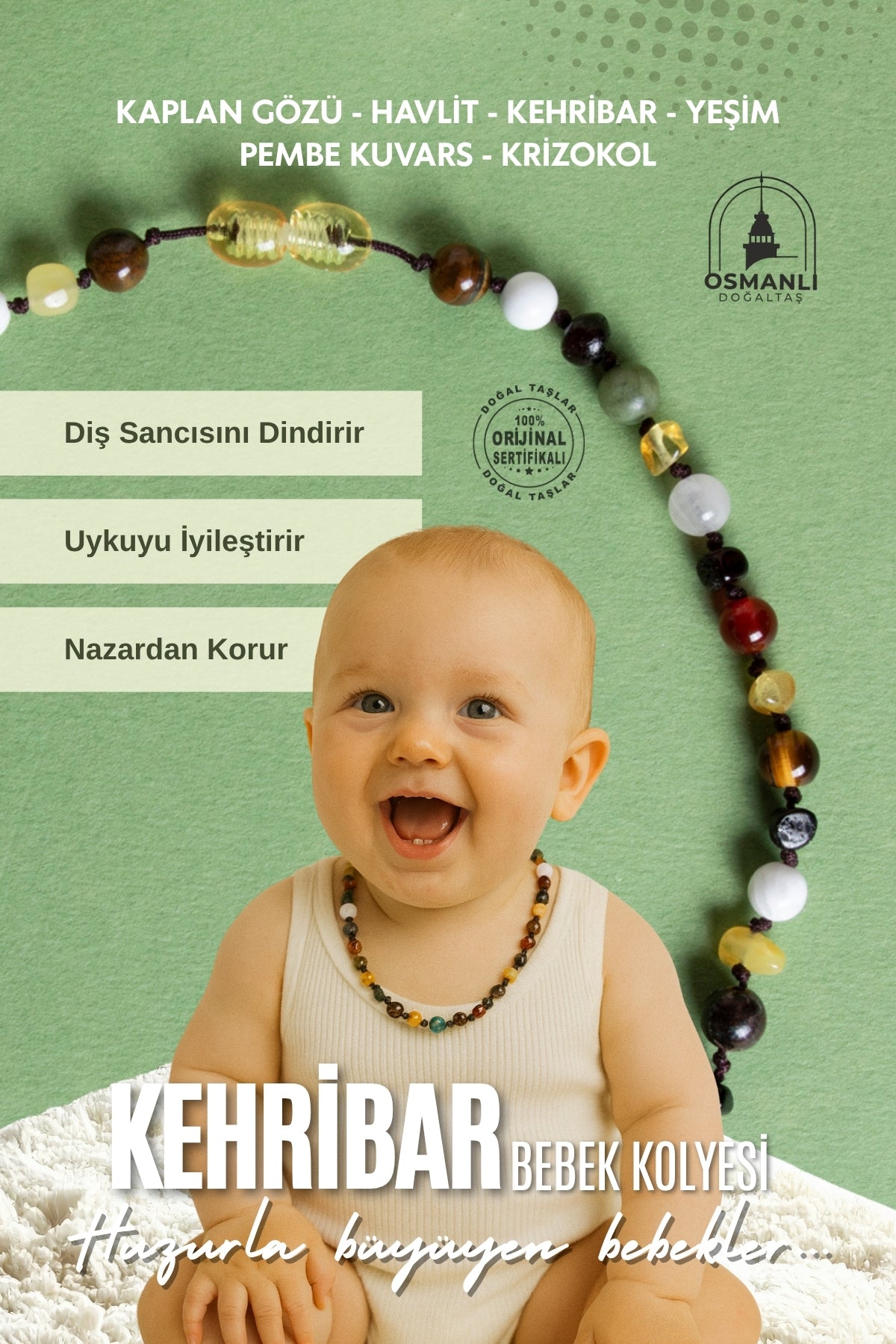 Sertifikalı Doğal Taş Bebek Kolye - Kehribar,yeşim,kaplan Gözü,akik,havlit,krizokol