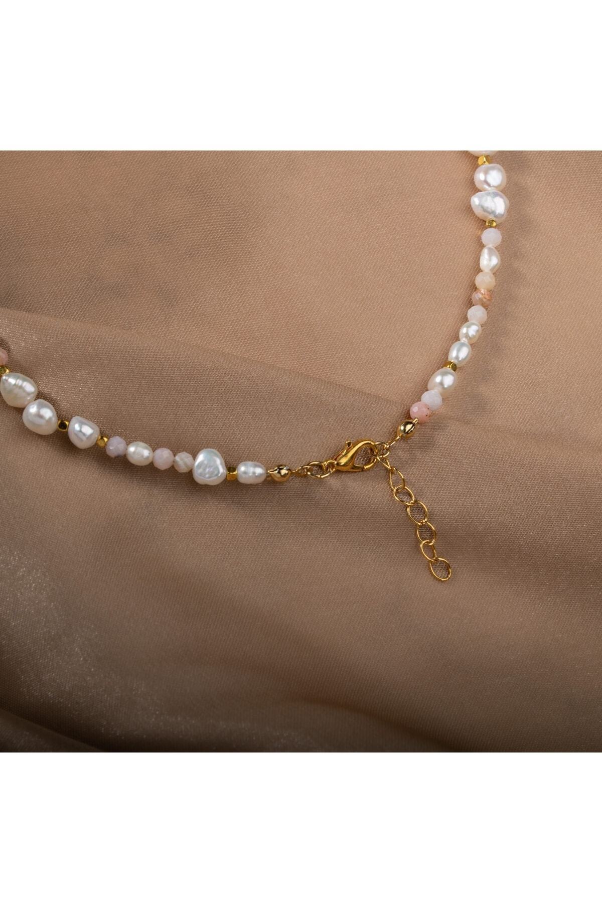 Inci-pembe Opal Doğal Taş Altın Kaplama Kapama Kolye (3cm Uzatma Ile Birlikte)