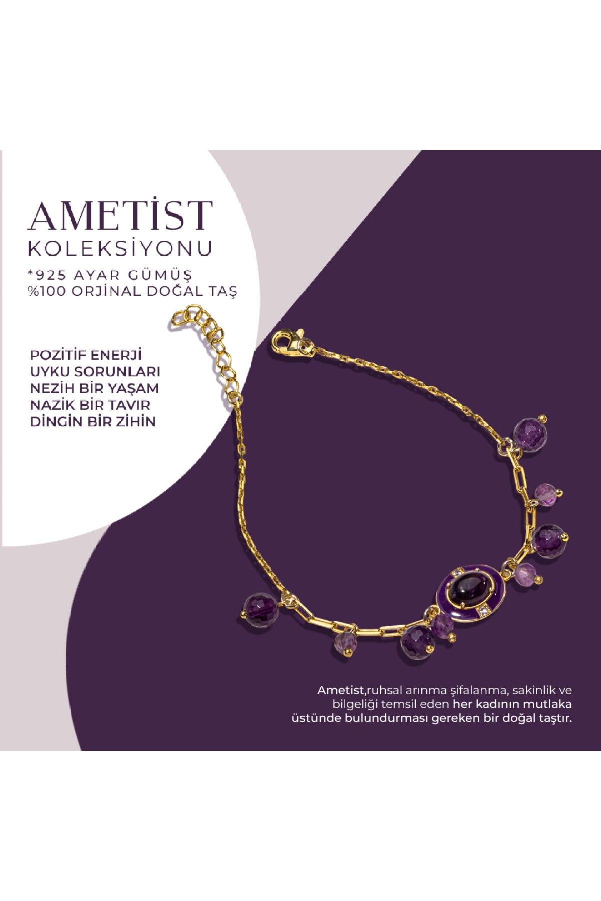 Sertifikalı Ametist Doğal Taşlı Modern Gümüş Charm Bileklik