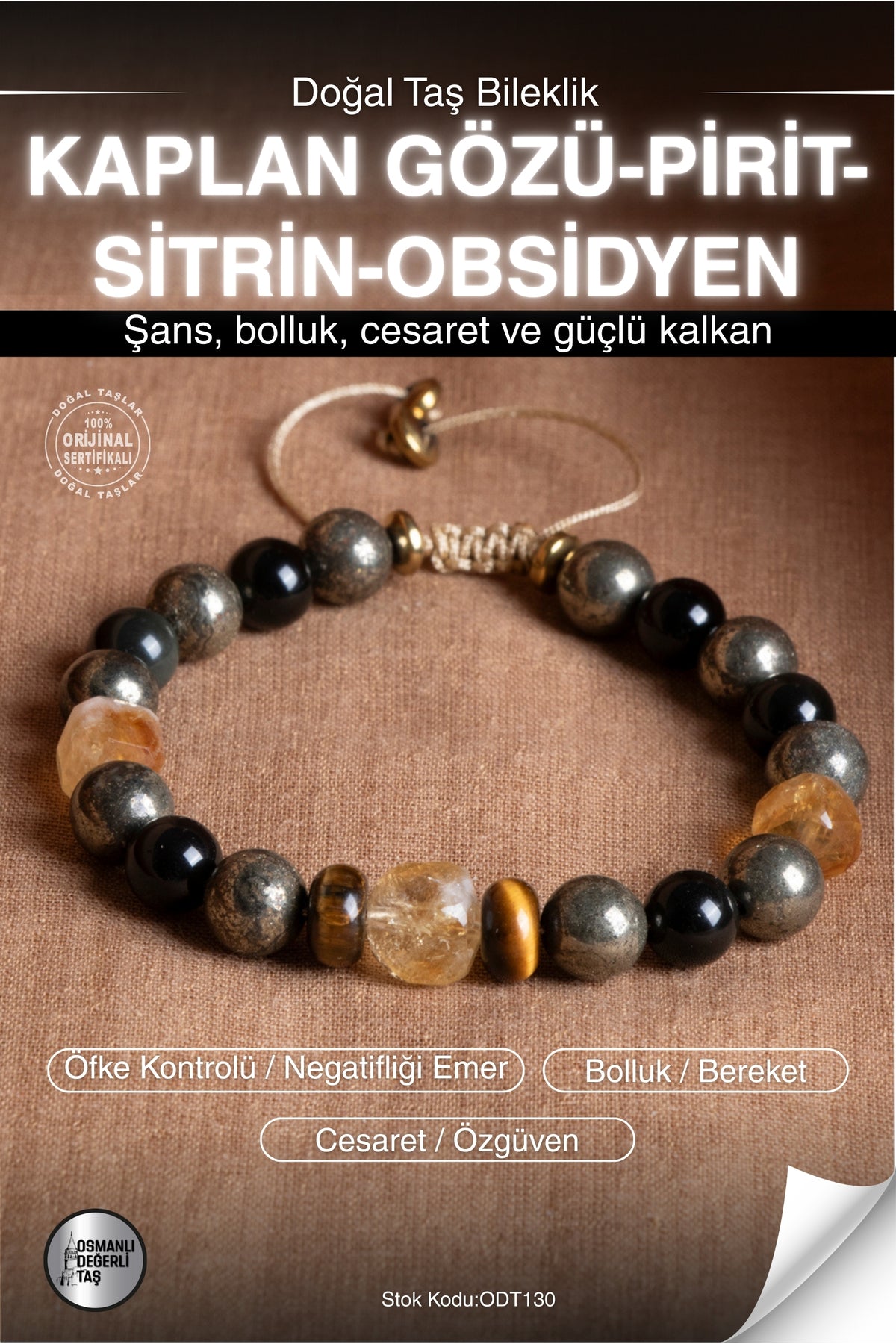 Sertifikalı KAPLAN GÖZÜ-PİRİT-SİTRİN-OBSİDYEN Doğal Taş Makrome Bileklik ODT130