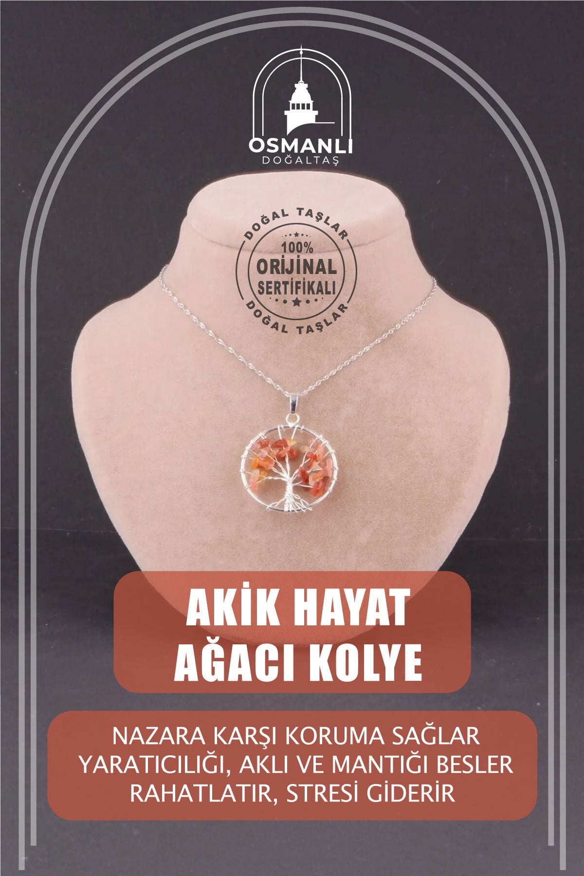 Sertifikalı Akik Doğal Taş Hayat Ağacı Gümüş Zincirli Kolye Ucu - M389