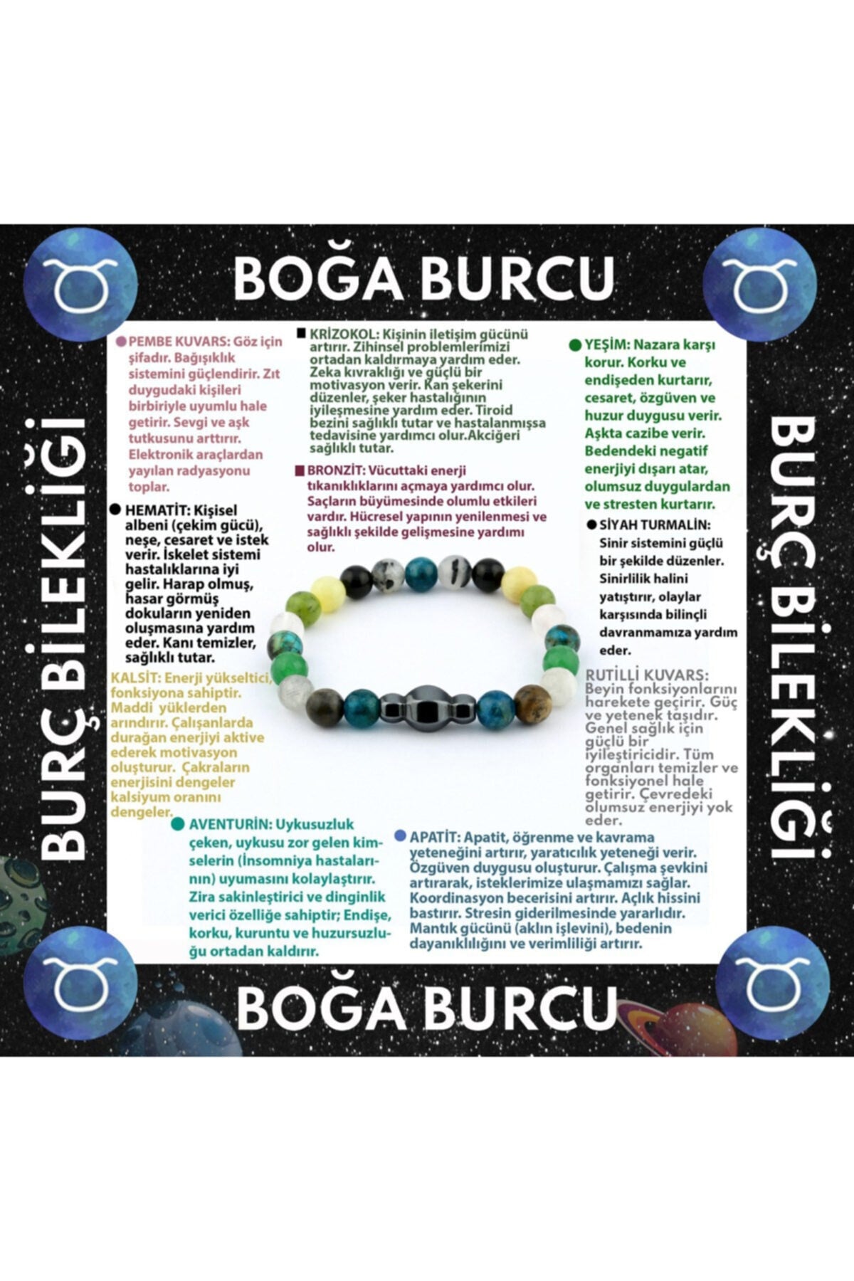 Boğa Burcu Erkek Bilekliği Apatit Rutilli Kuvars Aventurin Kalsit Krizokol Bronzit Hematit