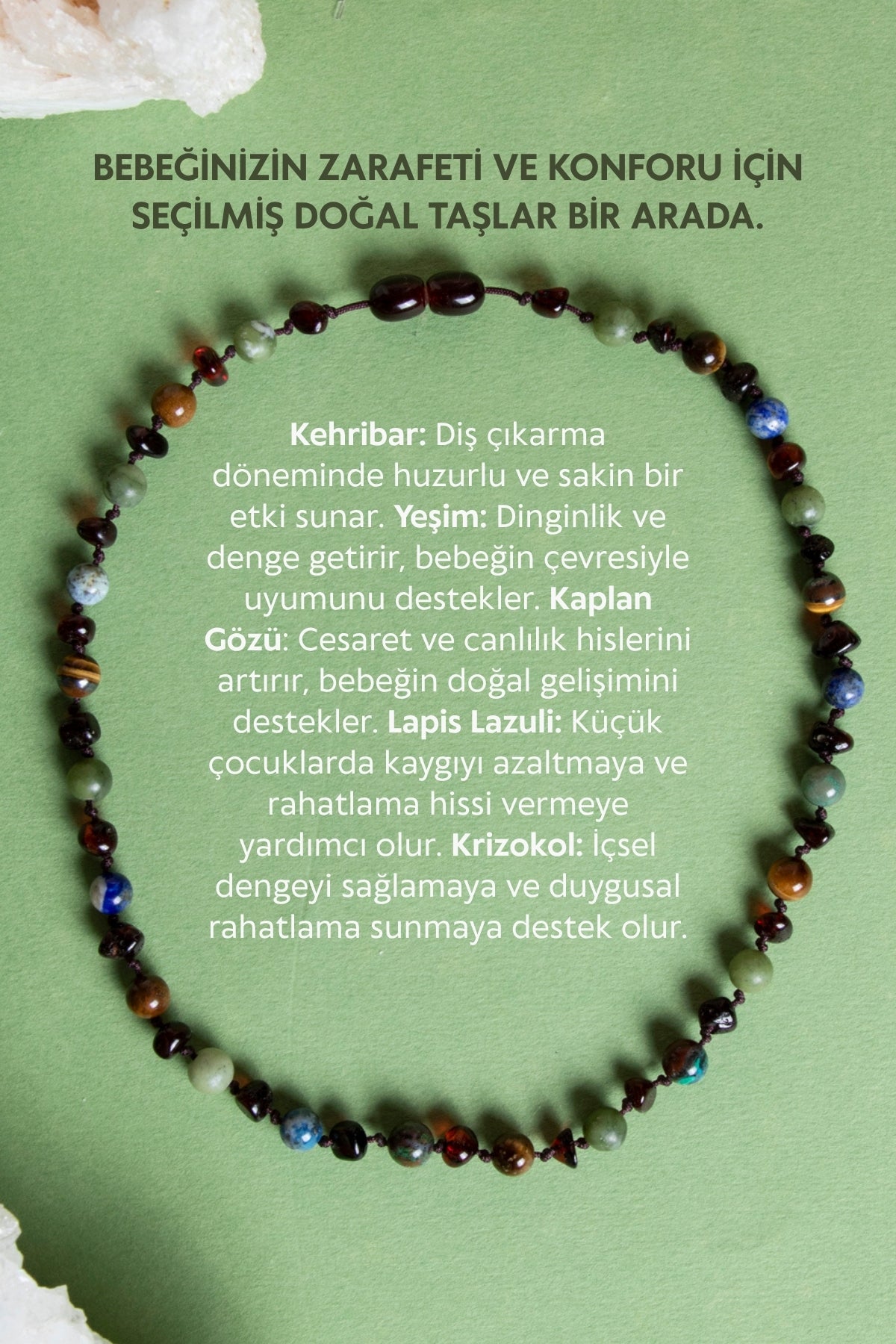 Sertifikalı Doğal Taş Bebek Kolye - Yeşim-lapis-kehribar-kaplan Gözü-krizokol