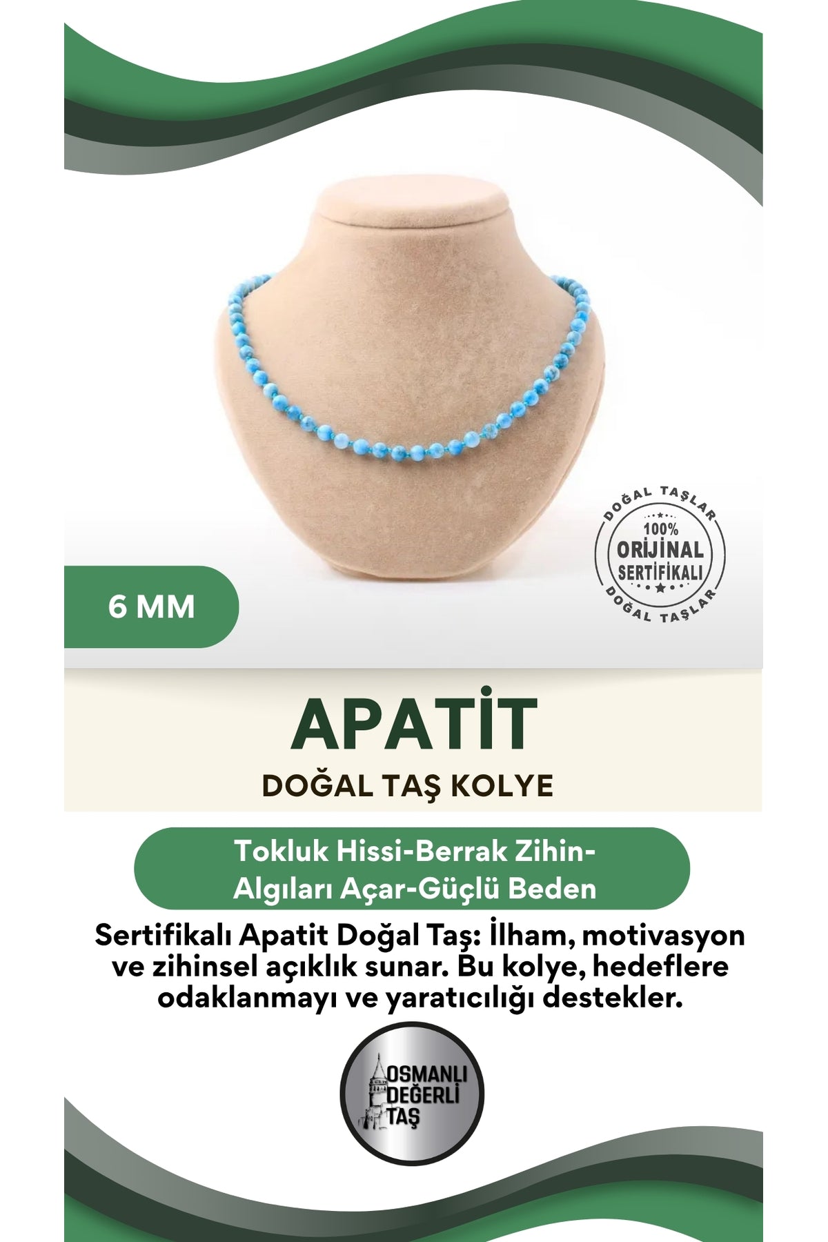 Sertifikalı Apatit Doğaltaş Kolye 6 Mm, M560