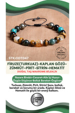 Sertifikalı Firuze(Turkuaz)-Kaplan Gözü-Zümrüt-Pirit-Sitrin-Hematit Doğal Taş Bileklik ODT047