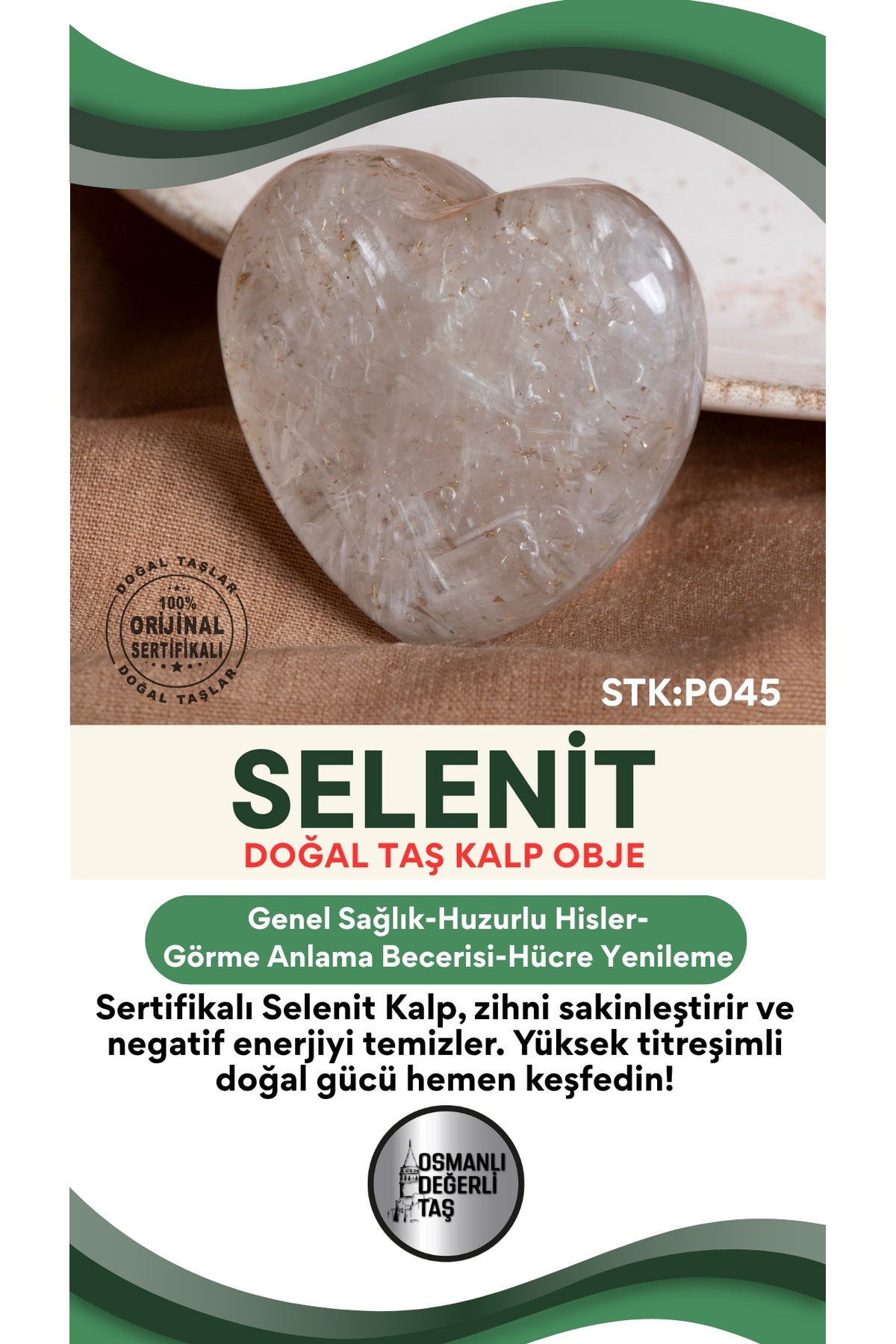 Sertifikalı Selenit Doğal Taş Kalp Obje P045