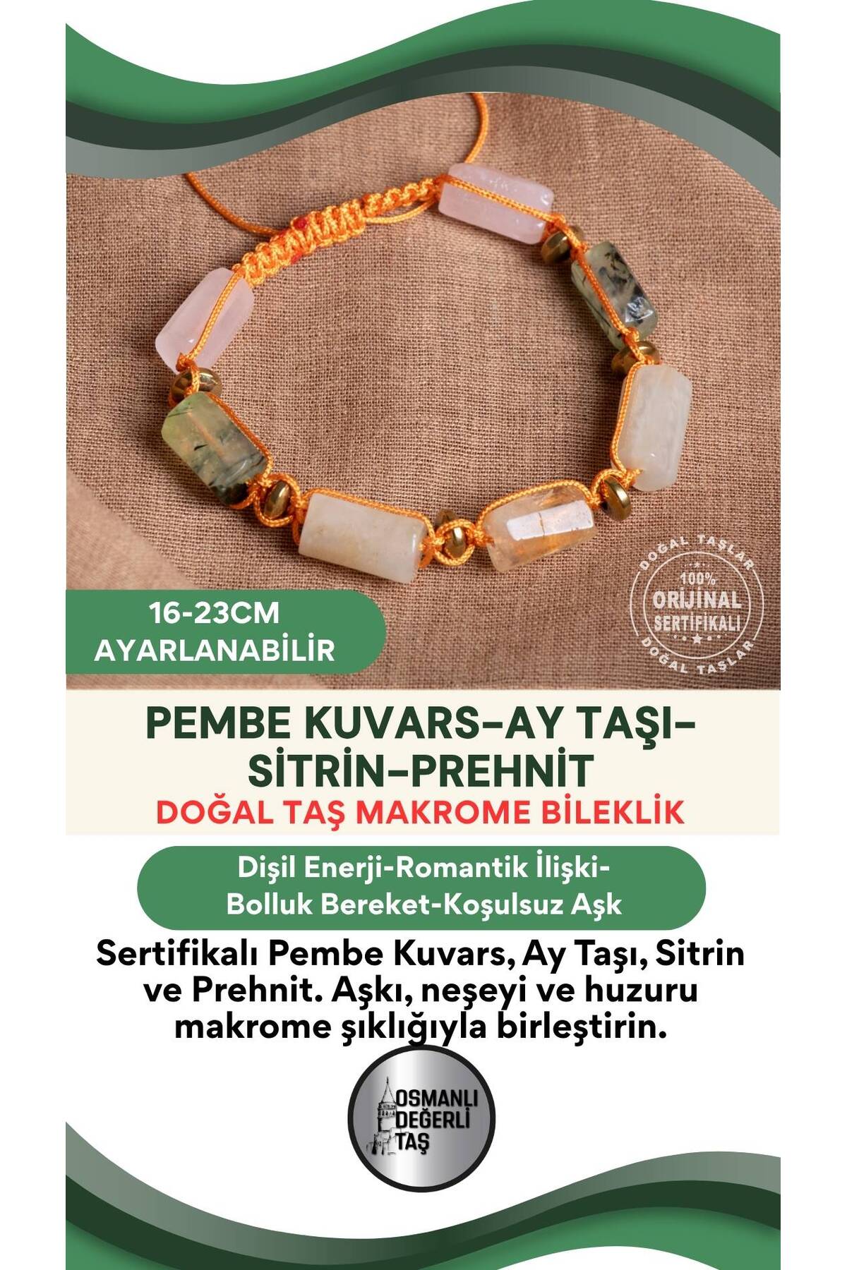 SERTİFİKALI Pembe Kuvars-Ay taşı-Sitrin-Prehneit No:2 Doğal Taş Ayarlanabilir Makrome Bileklik