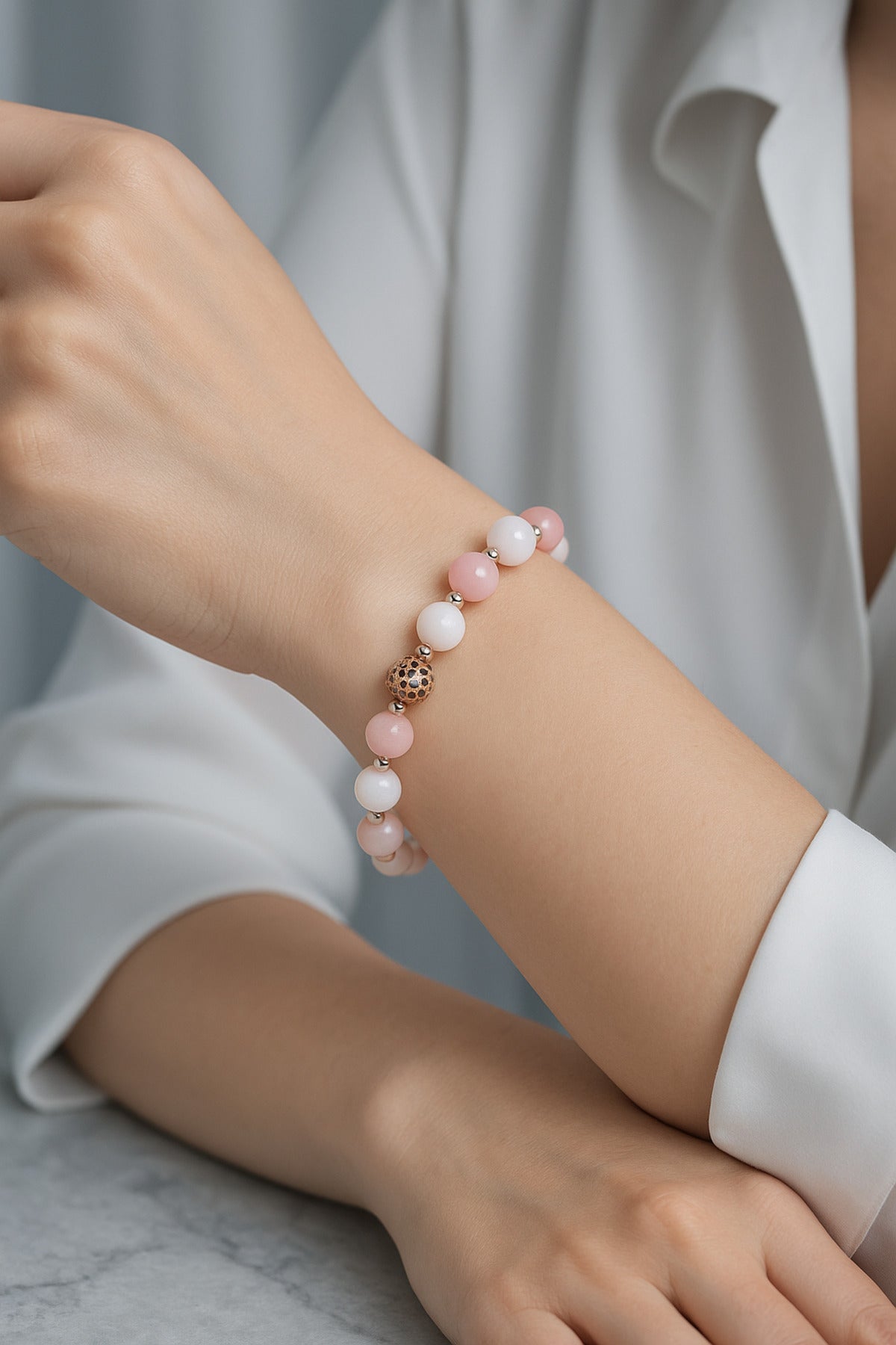 SERTİFİKALI Pembe Opal-Hematit Doğal Taş Bileklik 6-8 mm