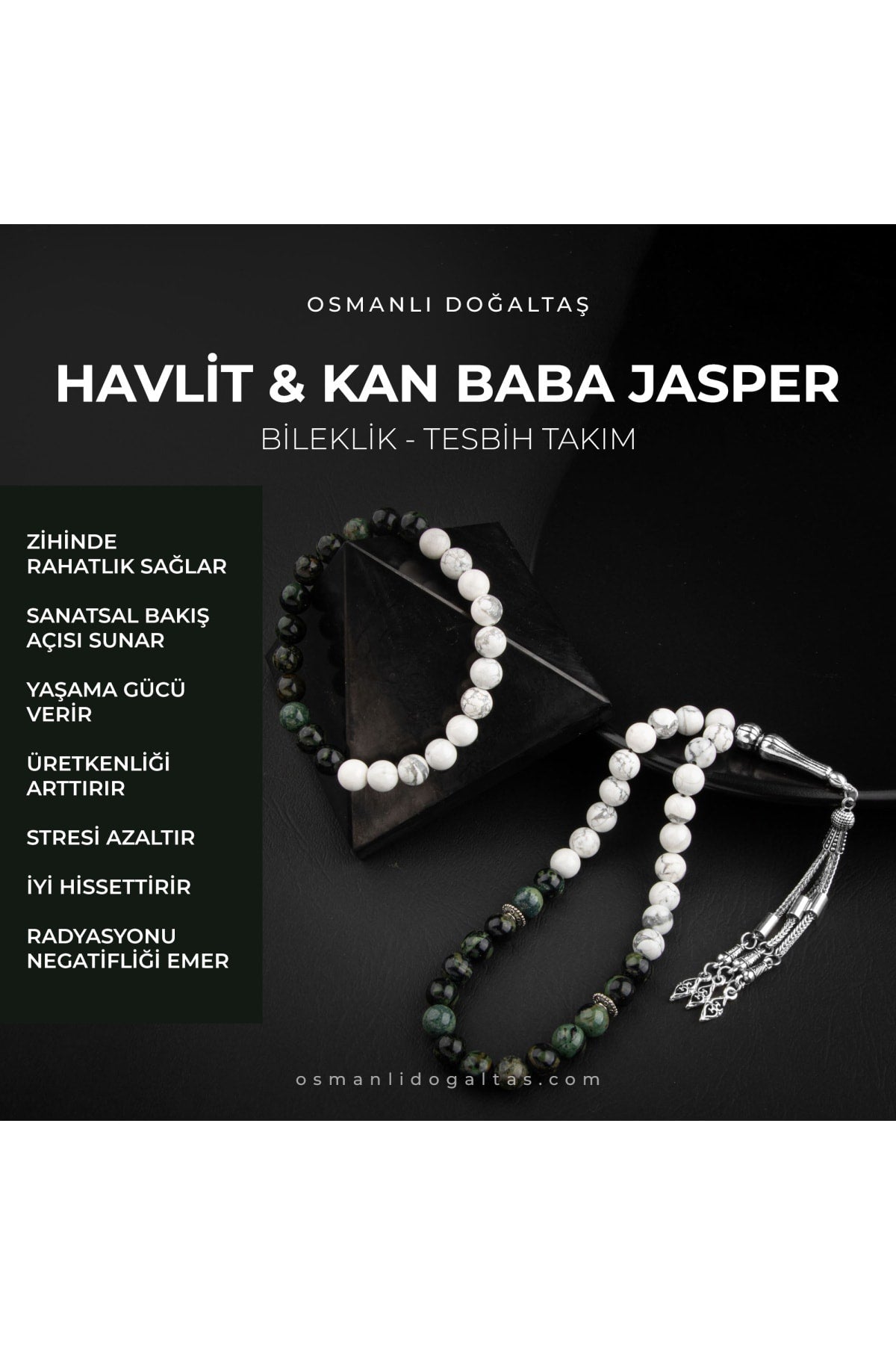 Sertifikalı Havlit, Kan Baba Jasper Doğal Taşlı 33'lük Tesbih Ve Bileklik Takım