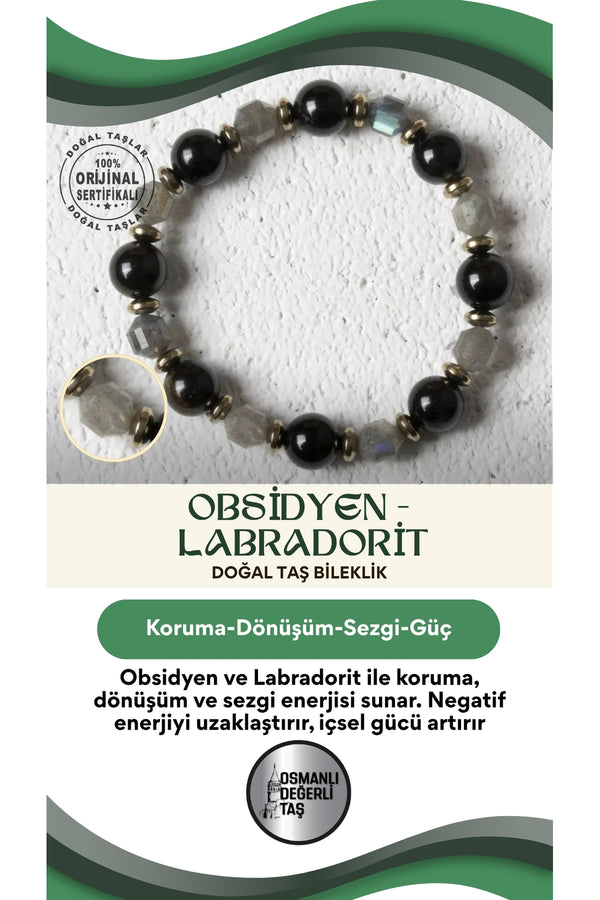 Osmanlı Değerlitaş Karanlık Işık – Sertifikalı Doğal Obsidyen ve Labradorit Taşı Bileklik