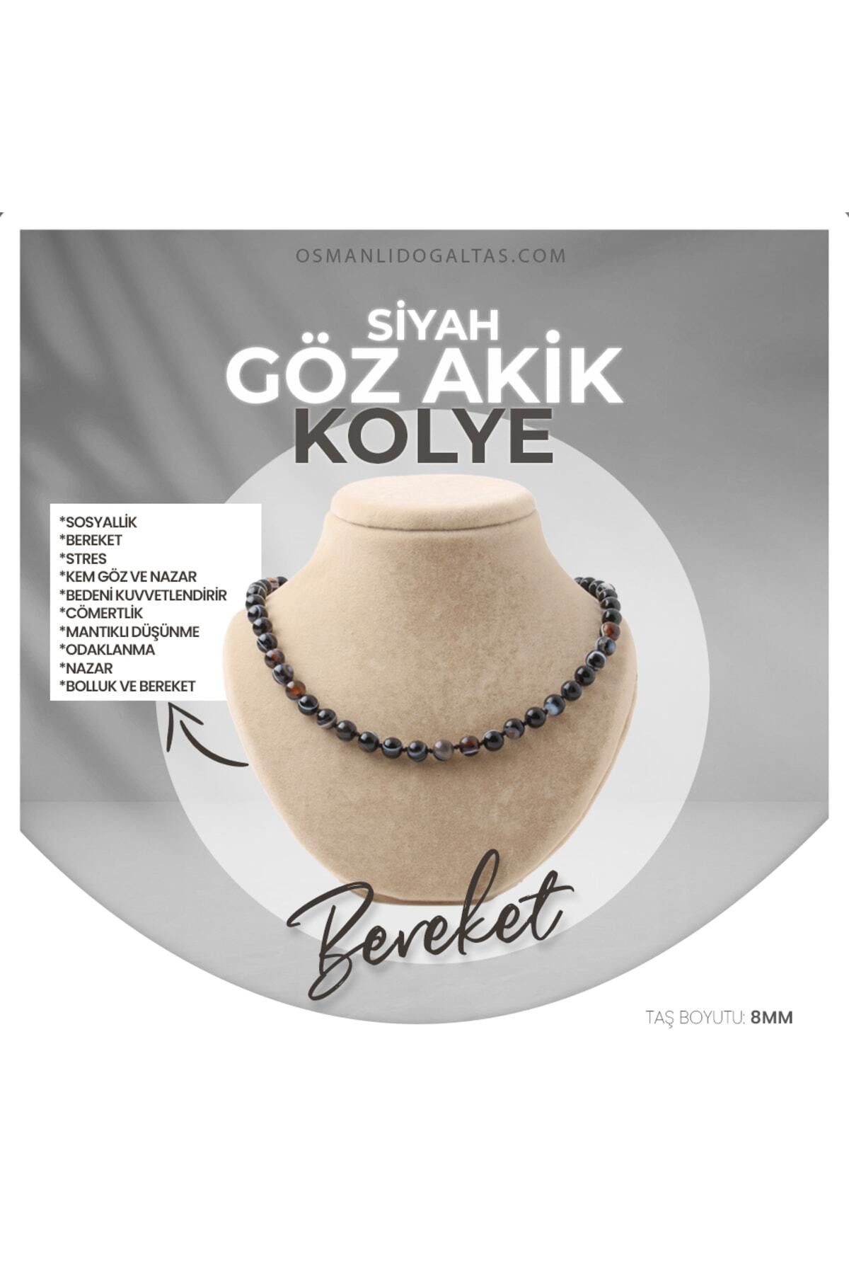 Sertifikalı Siyah Göz Akik Doğaltaş Kolye 8 Mm, M546