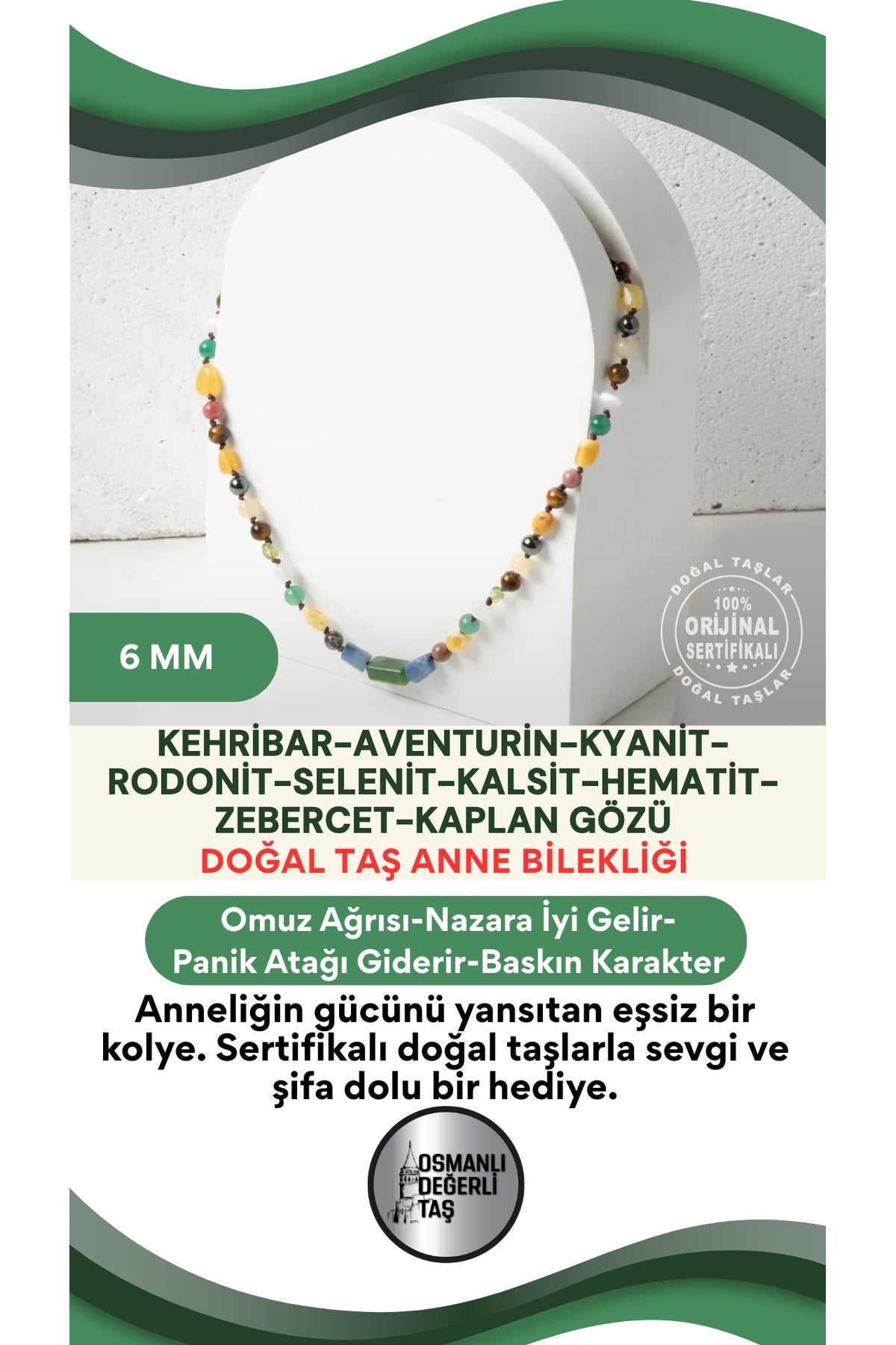 Sertifikalı Doğal Taş Anne Kolye 6 Mm - M407