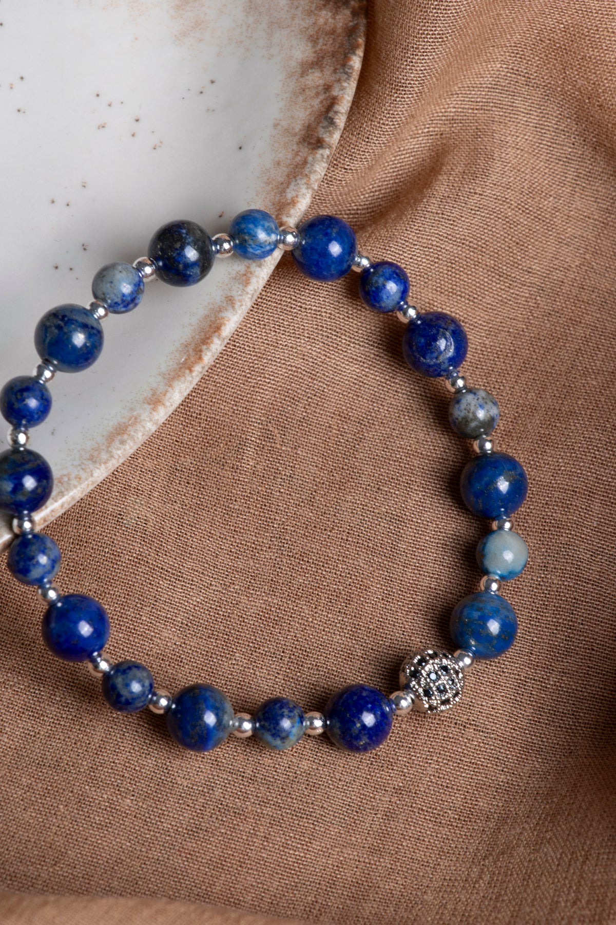 SERTİFİKALI Lapis Lazuli-Hematit Doğal Taş Zirkon Aparat Bileklik 6-8 mm