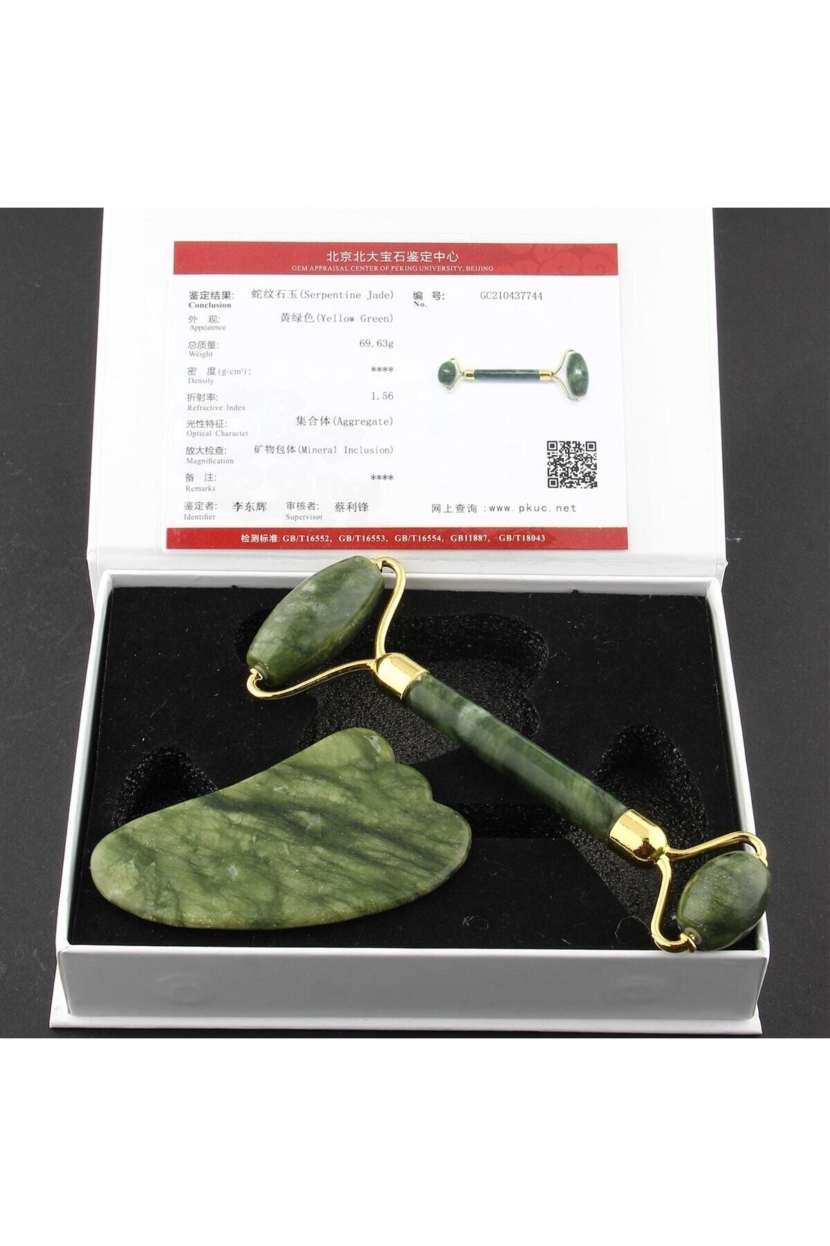 Sertifikalı Yeşim Doğal Taşı Roller Ve kaz Ayağı Gua Sha Masaj Takımı Ma033