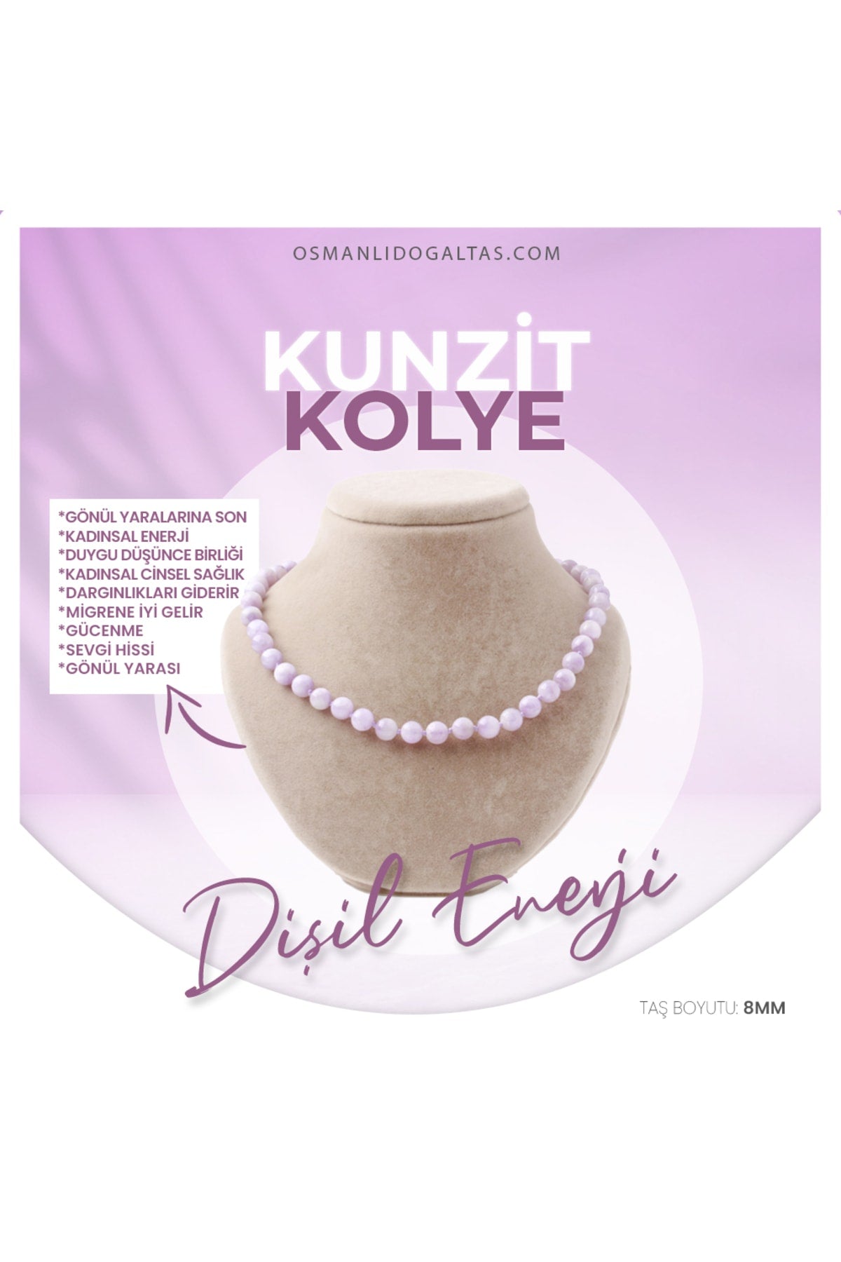 Sertifikalı Kunzit Doğaltaş Kolye 8 Mm, M528