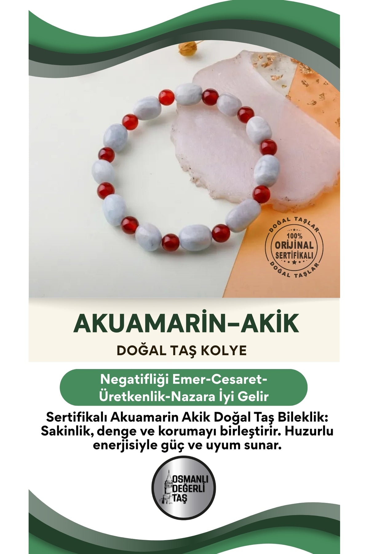 Sertifikalı Özel Tasarım Akuamarin Akik Doğal Taş Bileklik