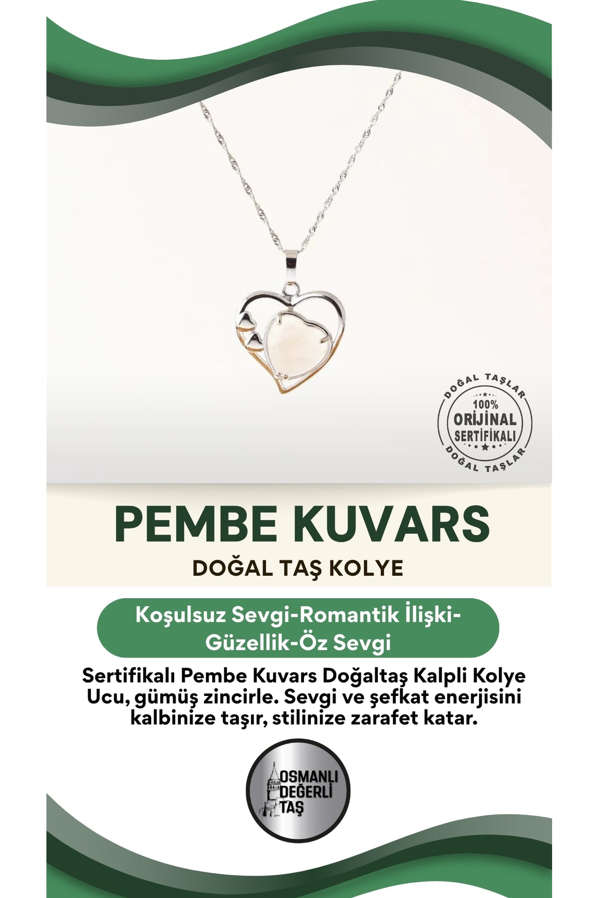 Sertifikalı Pembe Kuvars Doğaltaş Kalpli Kolye Ucu, Gümüş Zincirle Birlikte Ku012
