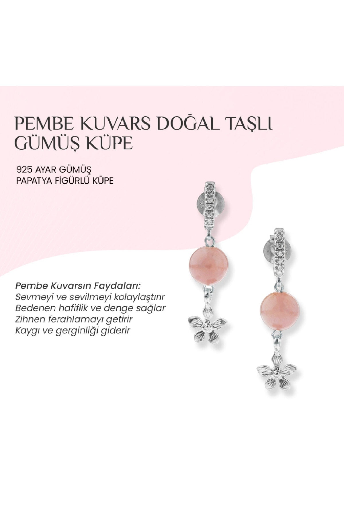 Pembe Kuvars Doğal Taşlı 925 Ayar Gümüş Küpe Papatya Motifli