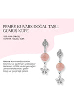 Pembe Kuvars Doğal Taşlı 925 Ayar Gümüş Küpe Papatya Motifli