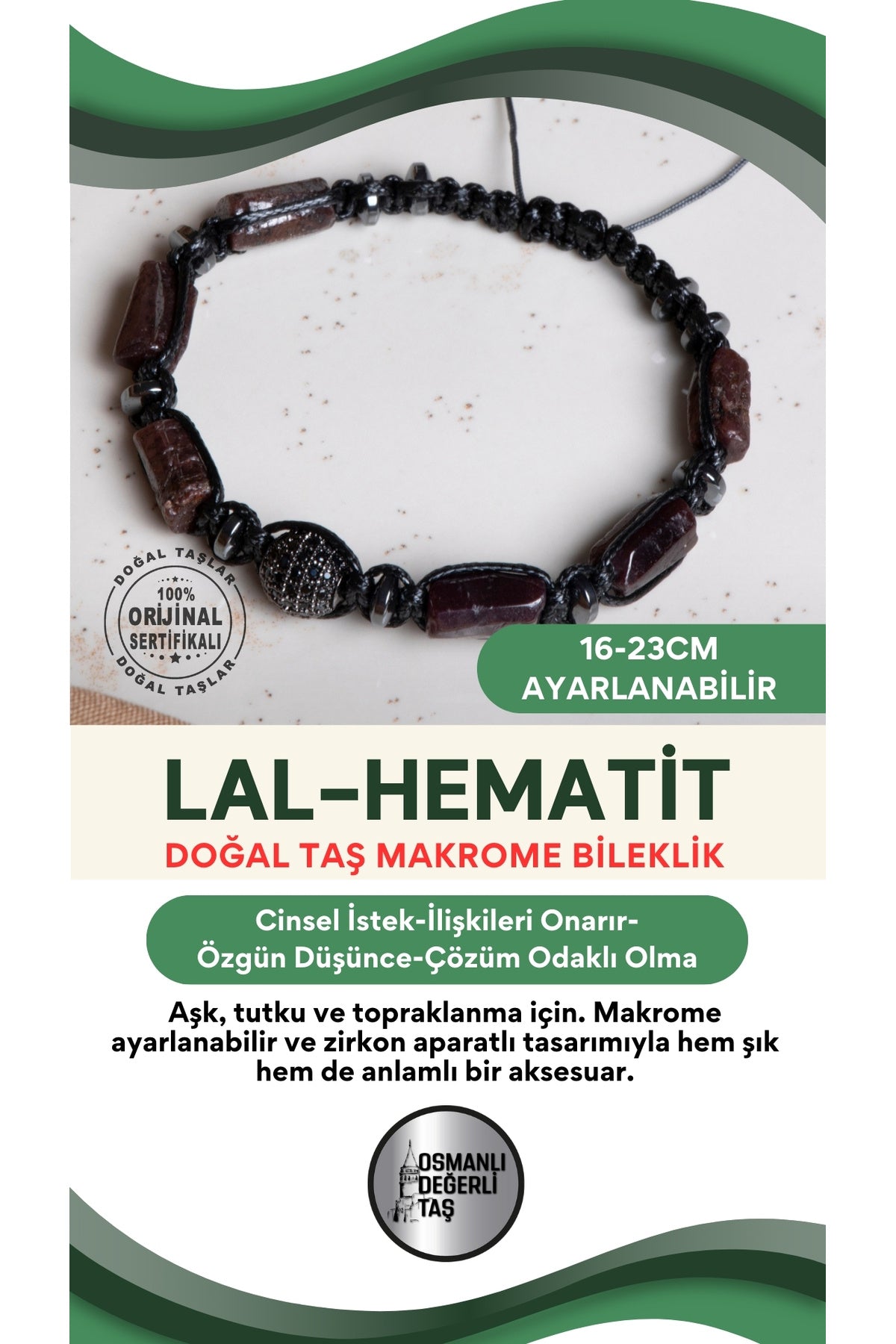 SERTİFİKALI Lal-Hematit Doğal Taş Makrome Ayarlanabilir Zirkon Aparatlı Bileklik