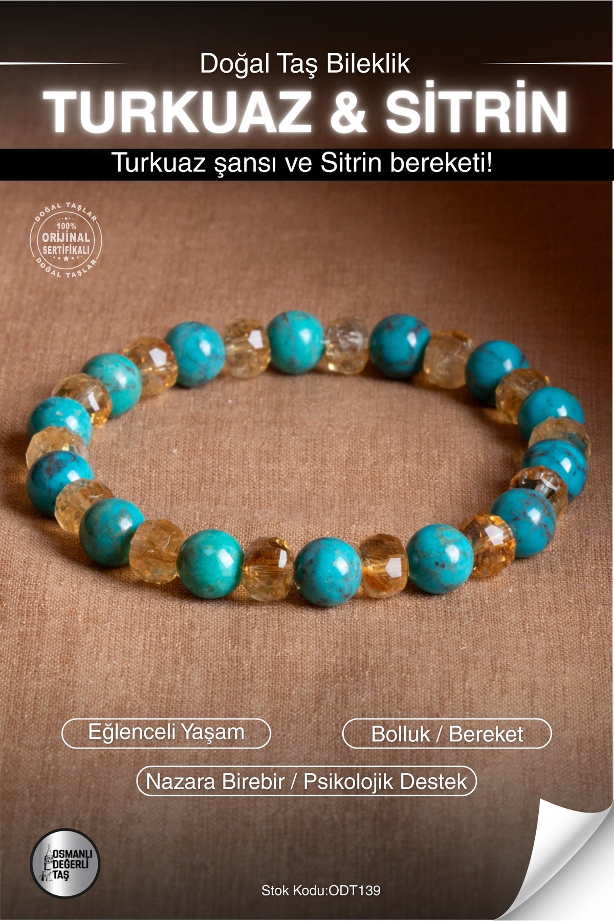 Sertifikalı TURKUAZ & SİTRİN Doğal Taş Bileklik ODT139