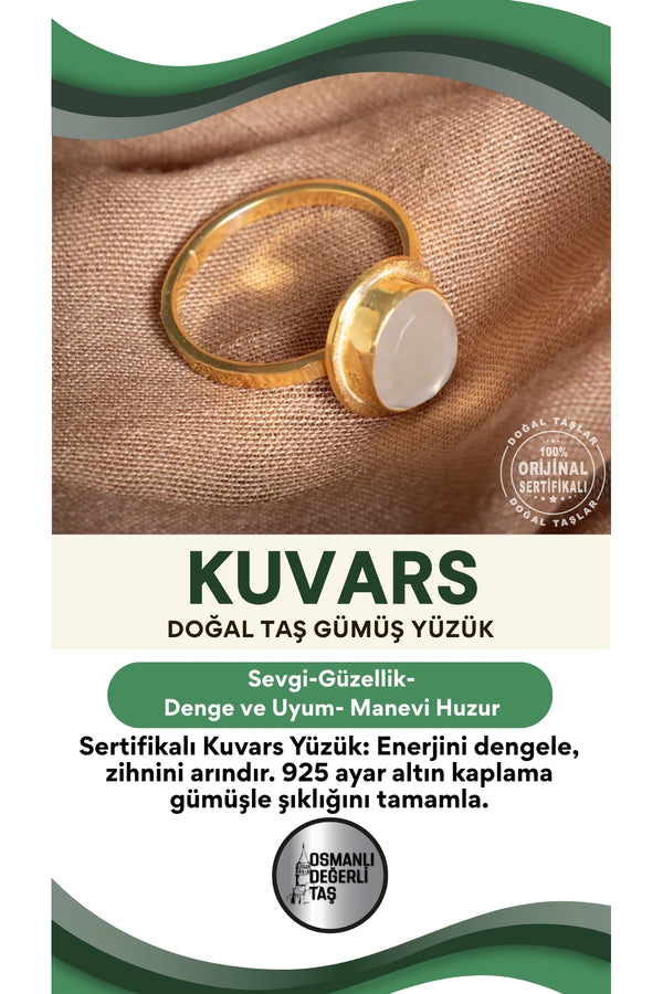 SERTİFİKALI Kuvars Doğal Taş Gümüş 925 Ayar Altın Kaplama Yüzük