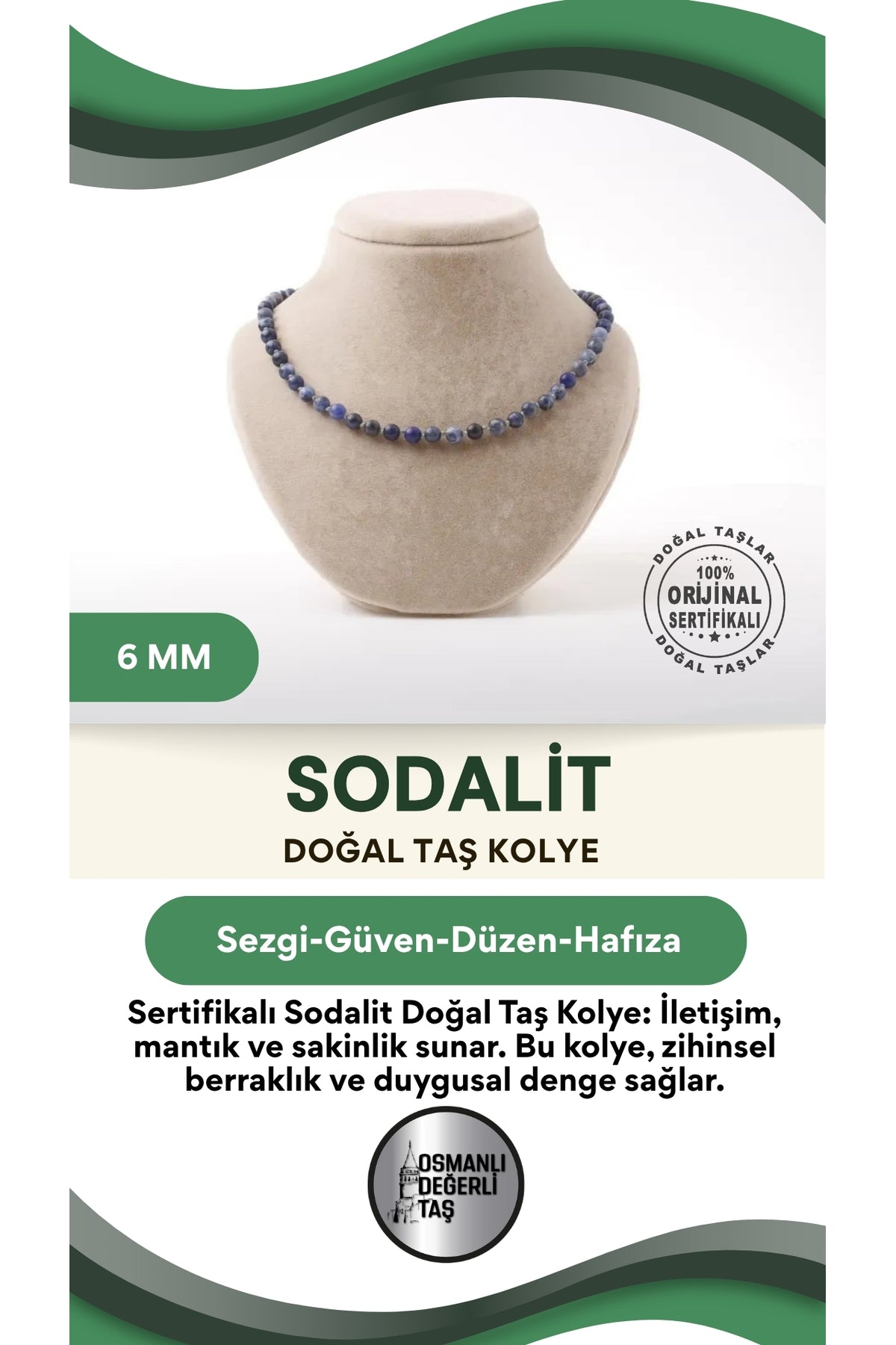 Sertifikalı Sodalit Doğaltaş Kolye 6 Mm, M594