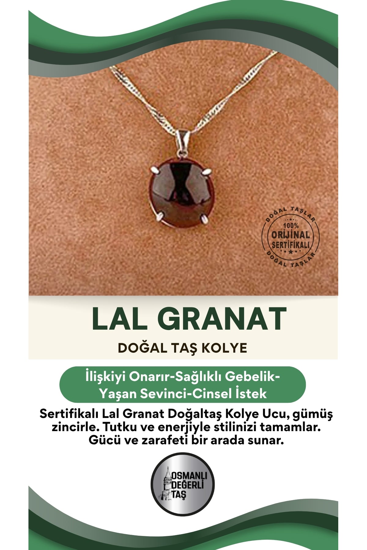Sertifikalı Lal Granat Doğaltaş Kolye Ucu, Gümüş Zincirle Birlikte 1,5x1,5 Cm, M478